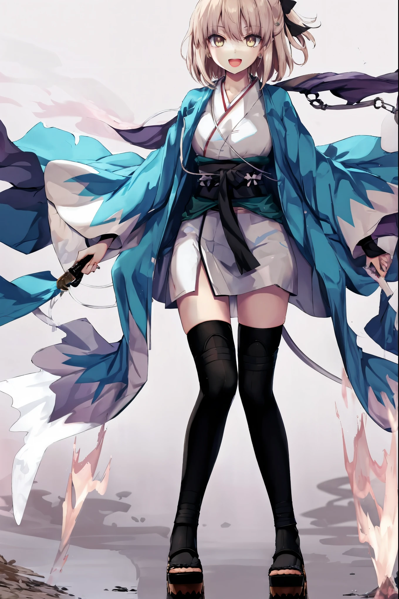 masterpiece, best quality, integrated scenery, integrated background, extremely delicate and beautiful, meticulous details, good composition, , cute face, perfect face, perfect hands, 1girl,okita souji \(FGO\), white_nosleeves_short_kimono,
 smile,happy,gold_half_eyes, thigh-highs, straw_sandals,medium_breasts, midriff , right leg forward , 1katana,old_japanese_city_background,black_long_muffler,knee, bragging_face, black_cloth_gauntlet,apart_legs,open_mouth,blue&white_japanese_jacket