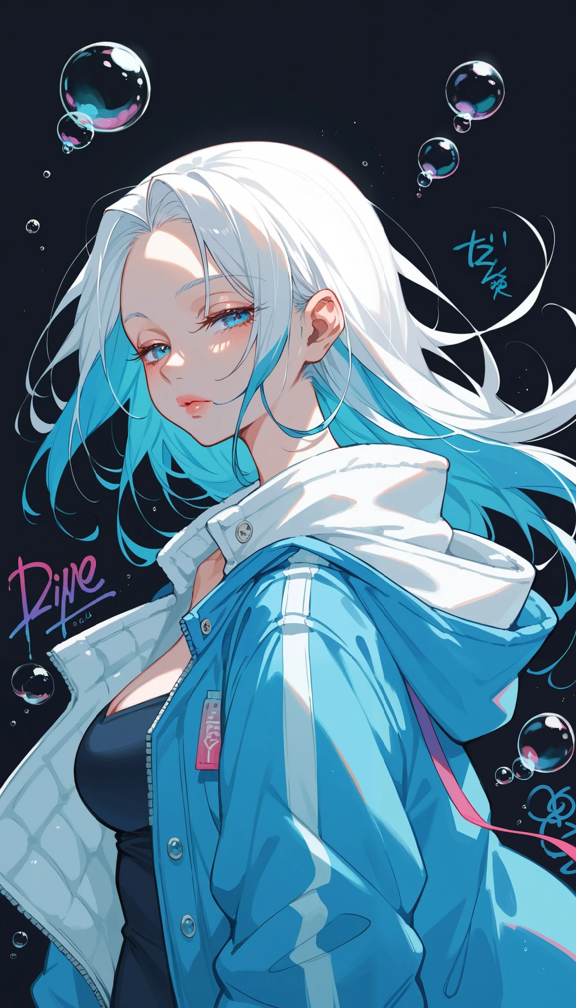 1girl, Alone, Chest, Viewer,  blue eyes ,  Simple Background ,  black background , large breasts, Lazy, Half-closed eyes, Dye your hair, Bubbles,  functional style jacket,  upper body, Open clothes, abdomen, From the side, open jacket, Lips, oversized jacket , Graffiti, compensate, nylon, nylon 冲锋衣,style: midjourney,1 girl