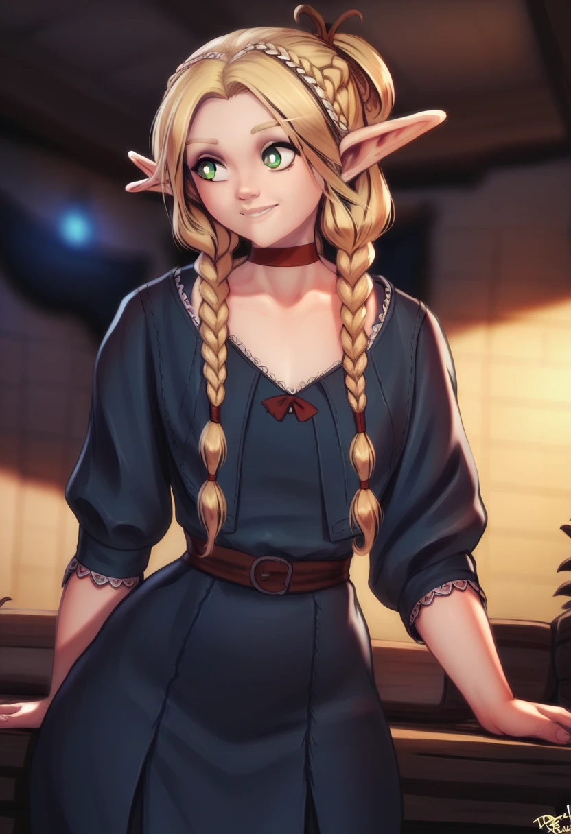 By personalami. 1girl, best quality, [masterpiece], from the waist up, twin braids, red choker, marcille donato, bright pupils, green eyes, parted bangs, blonde hair, elf, soft smile, blue robe