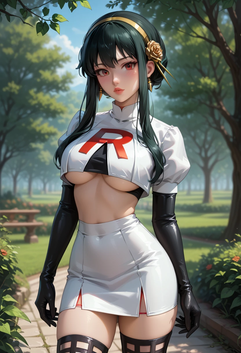 score_9, score_8_up, score_7_up, 1girl, solo, beautiful waifu, (Yor Briar:1.2), filled lips, thick lips, detailed eyes, detailed face, flirt, looking at viewer, Cosplay_TeamRocket, team rocket uniform, white jacket, cropped jacket, white skirt, elbow gloves, black thigh highs, underboob, in beautiful green park, trees, low light, early evening, shallow depth of field.