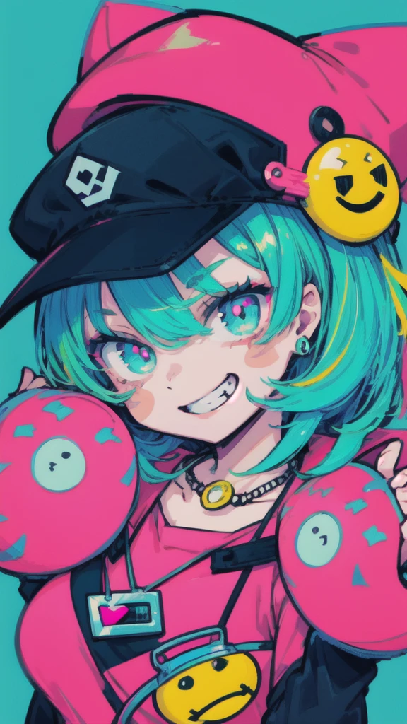  geometric pattern background :1.3、  dark color、 Cute girl hair ,anime girl with cap and necklace, Green messy hair, Street background in neon pink and blue hues, stickers, Grinning smiley face icon