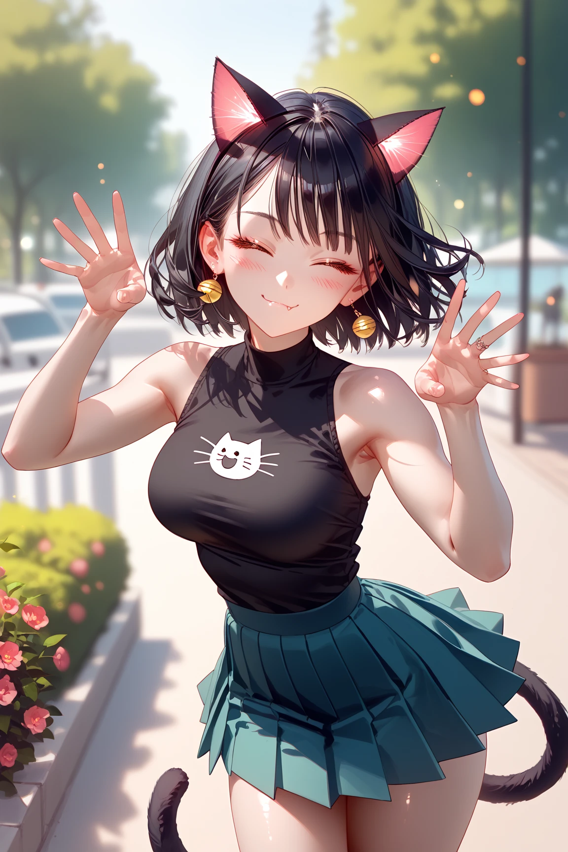 (masterpiece, best quality), (score_9,score_8_up,score_7_up), (highly-detailed), RAR, 
solo, (young woman, 21 years old), (short stylish black hair), (bright yellow eyes), (nice body, curvaceous, fit), cute face, (cat ears, cat tail), 
black sleeveless shirt, red pleated skirt, (thighs, legs), standing, joyful, [cute feline fang], playful, blush, (mouth closed:1.5), (purring intensely), (floating hears), outdoors, nice park, beautiful day, (extremely cute pose), sweet smile, the most beautiful catgirl, extremely adorable, looking at viewer, bokeh, dreamy, 8k, ultra high definition, subtle depth of field, subtle bloom, 