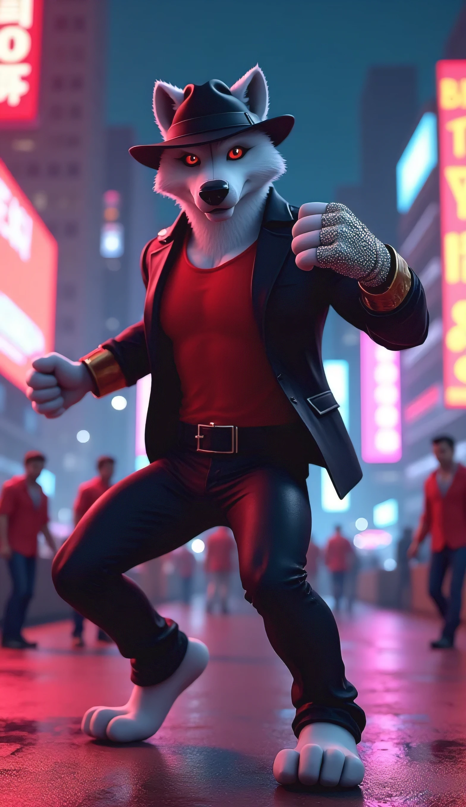 (source_furry,anthro,source_3D), Death Wolf, a muscular anthro male with white fur and red eyes, embodies the iconic style and energy of Michael Jackson. Dressed in a sleek black fedora, a sequined glove on one hand, and a sharp, vintage 90s suit with a red shirt, he moves gracefully on a neon-lit urban rooftop at night. Performing a mix of acrobatic dance moves and martial arts, he fights off a gang of enemies with smooth, moonwalk-like dodges and dramatic spins. The setting exudes 90s nostalgia, with glowing billboards, a city skyline, and a pulsating beat in the background, as his confident and charismatic presence takes center stage, Ultra cinematic Realistic real life,