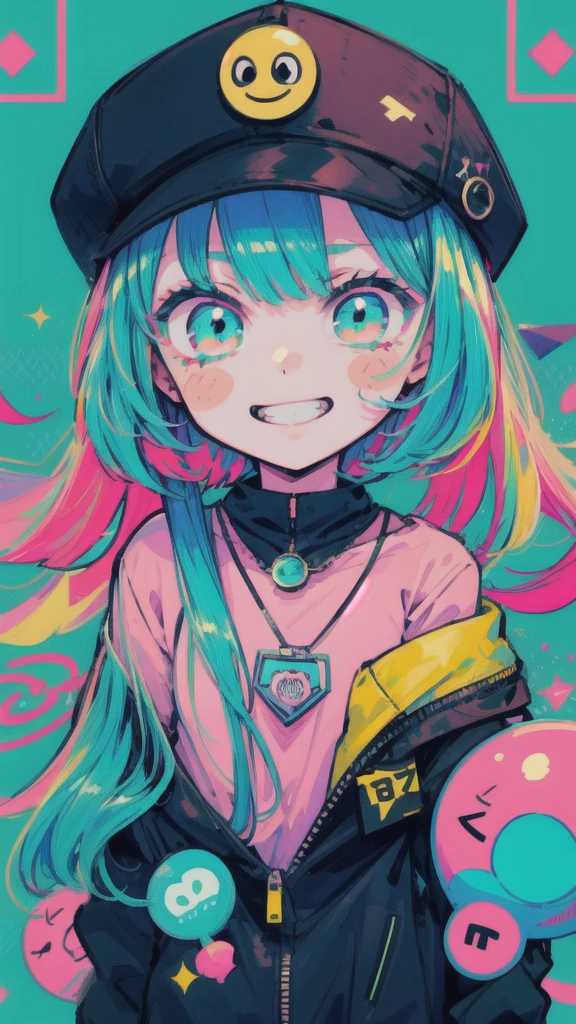  geometric pattern background :1.3、  dark color、 Cute girl hair ,anime girl with cap and necklace, Green messy hair, Street background in neon pink and blue hues, stickers, Grinning smiley face icon