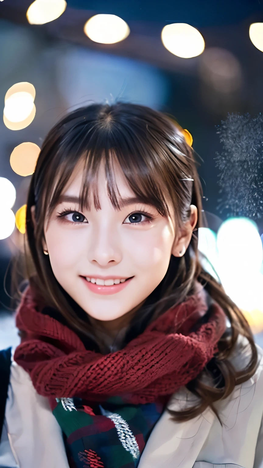 (Wore a winter uniform and scarf coat、 Close-up portrait of a girl with long hair and dull bangs:1.5)、(one person*** wearing a winter uniform and scarf coat spreads her arms and has a shy smile :1.5)、Age 25、( Christmas decorations on a street corner on a snowy winter night :1.5)、(perfect anatomy:1.3)、( completely up to your fingertips :1.3)、Photographically、photo shoot、masterpiece、top-quality、 high definition , Delicate and beautiful、 perfect face、 Beautiful detailed eyes 、 white skin、 Real Human Skin、pores、((Thin legs))、( dark haired)、 Realism, 8k full body portrait, Beautiful Women, attractive expression, 20 years old, Tokyo Eight Cities , Winters, Shibuya Background, Fantasia de Cena de Inverno , Senior Artist , Santa Claus's Workshop , , , A Snowy Winter Christmas Eve ,, City Hut , beautiful artist rendering, !!beautiful!!, The bangs don't hang over the forehead、(
slicked back hair:1.3),