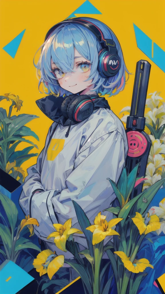  geometric pattern background :1.3、  dark color、 Cute girl hair , mash hair　 shorthair　 blue hair　 blue hoodie with my right hand on my forehead　　Put on your headphones　1 male　smile　Yellow iris　Narrow eyes　　 my whole body is showing 　Looking into the distance 　I'm wearing a 