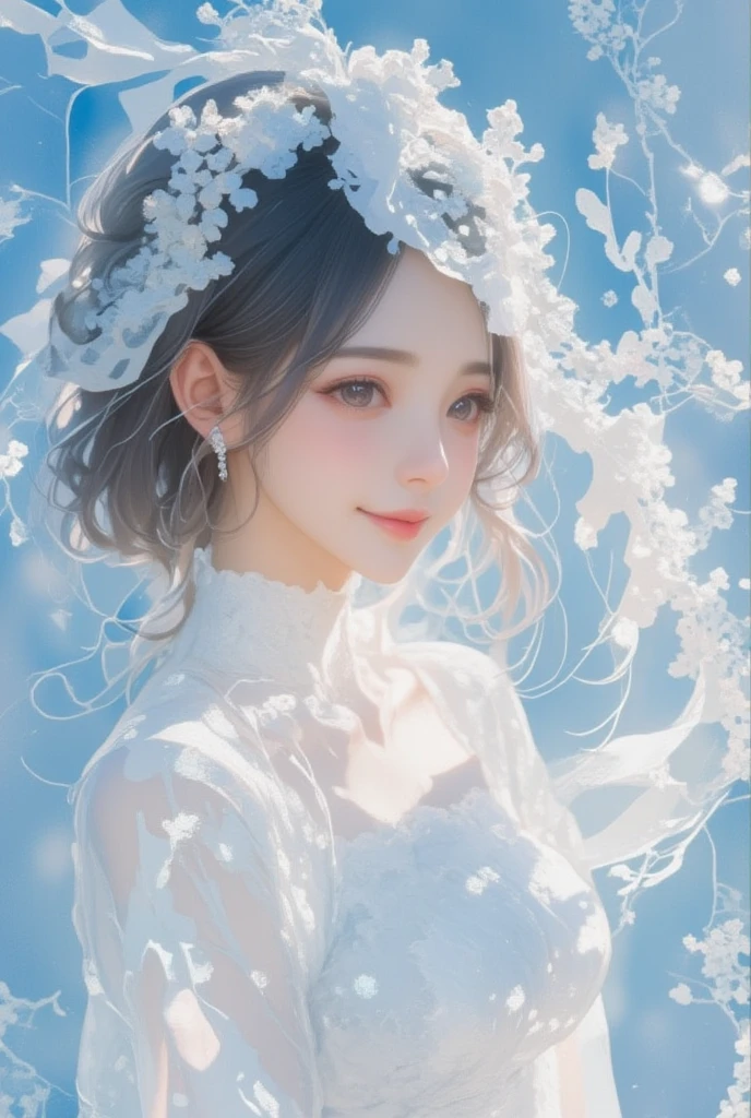 A fein-art-Portrait of an east-asian woman, ((, smiling :1.3),gently and entwined with delicate motifs symbolizing interkit cravings, baby blue and white palette, hyper-realistic, focused on textural intricacies, fine details, natural light, ultra fine, digital painting. pink tone:1.3