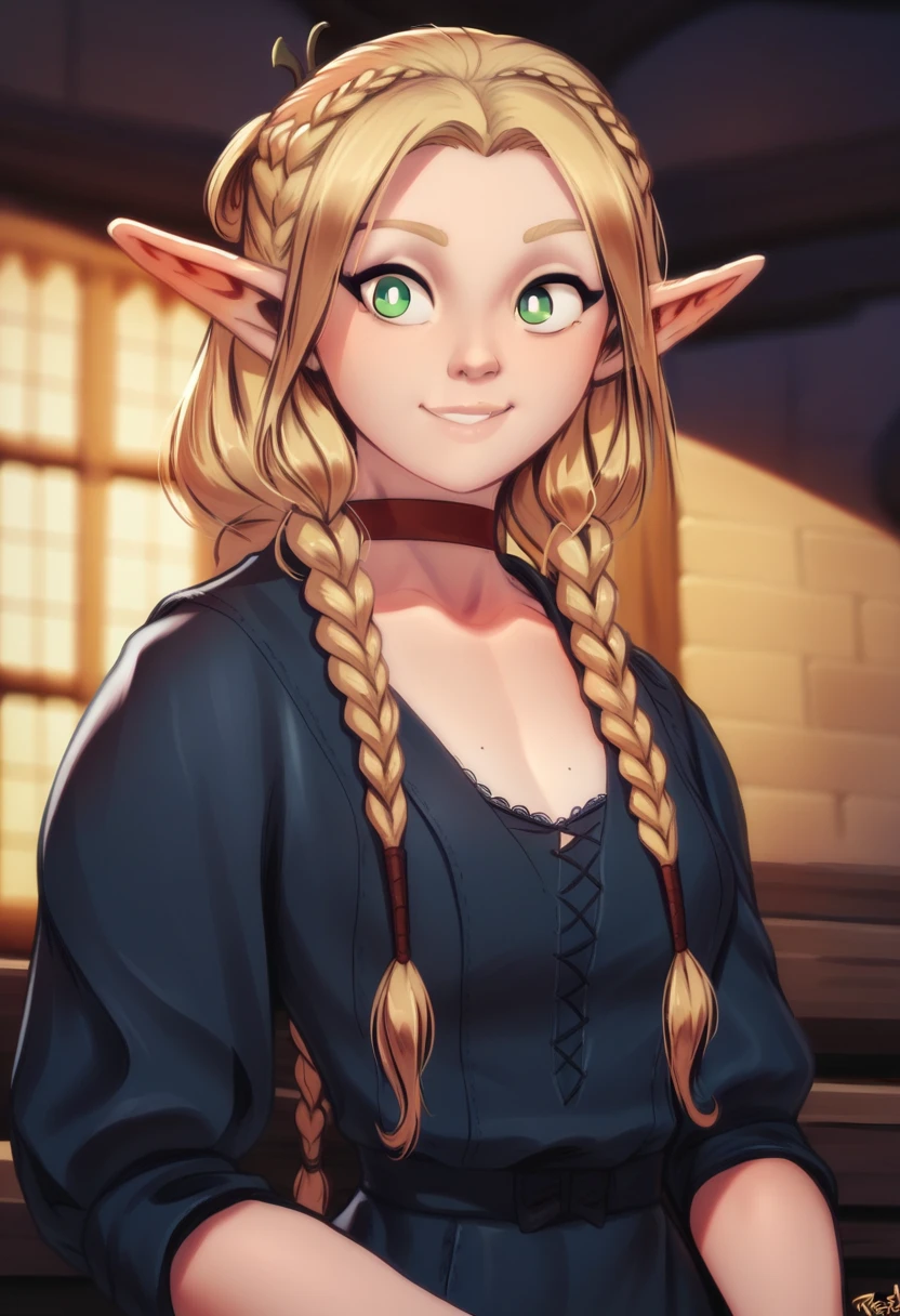 By personalami. 1girl, best quality, [masterpiece], from the waist up, twin braids, red choker, marcille donato, bright pupils, green eyes, parted bangs, blonde hair, elf, soft smile, blue robe