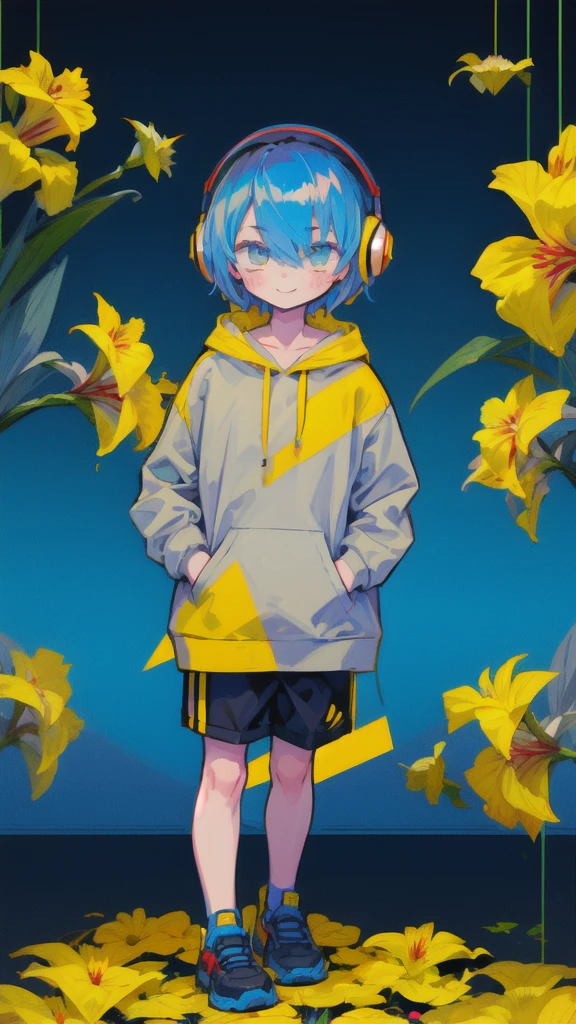  geometric pattern background :1.3、  dark color、 Cute girl hair , mash hair　 shorthair　 blue hair　 blue hoodie with my right hand on my forehead　　Put on your headphones　1 male　smile　Yellow iris　Narrow eyes　　 my whole body is showing 　Looking into the distance 　I'm wearing a 