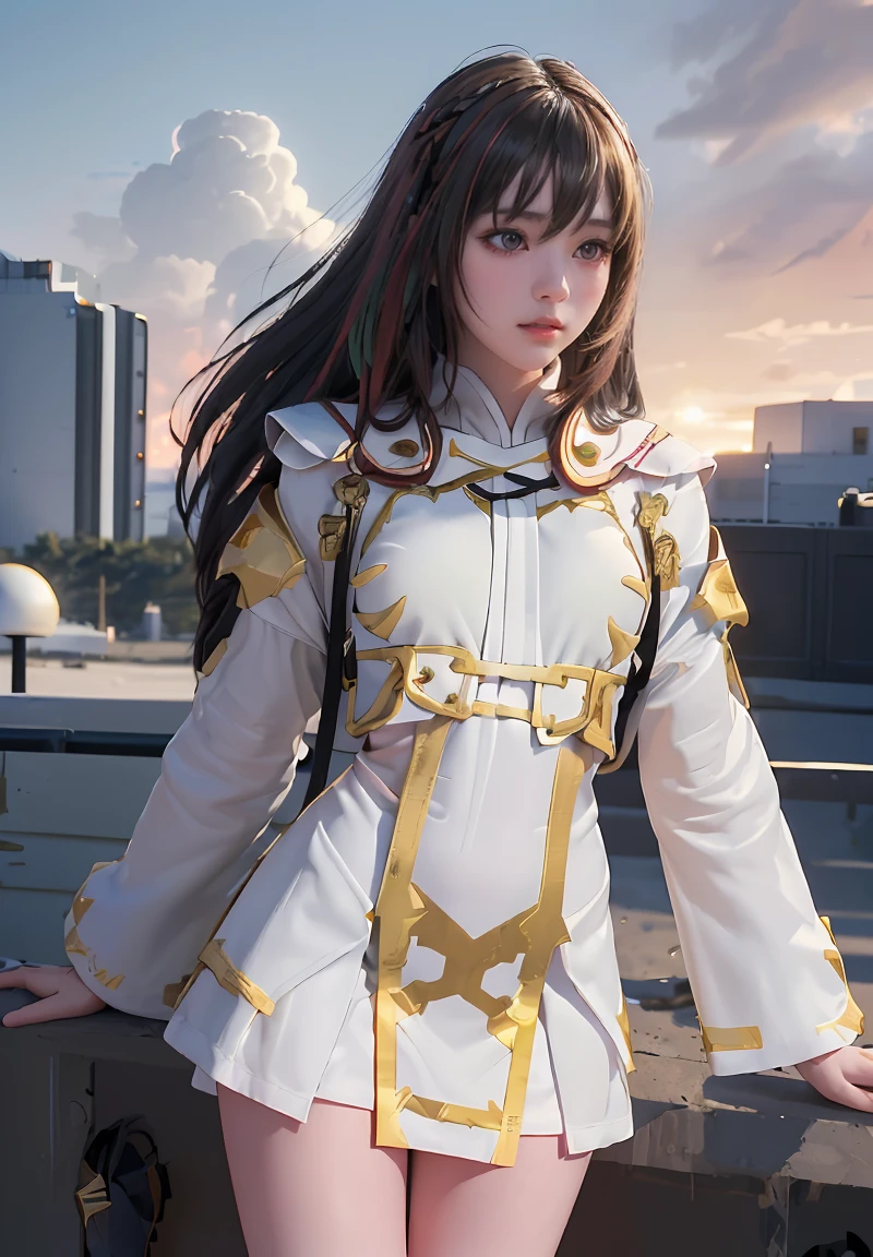 ((masterpiece, best quality, extremely detailed), volumetric lighting, ambient occlusion, colorful, glowing), 1girl, solo, young girl, (dark hair), long hair, ranger suit, hunter class dnd, cloak, (white outfit with gold detailst:1.3), armor, outdoors, sunset, sky, clouds, space, (fantasy theme:1.2),