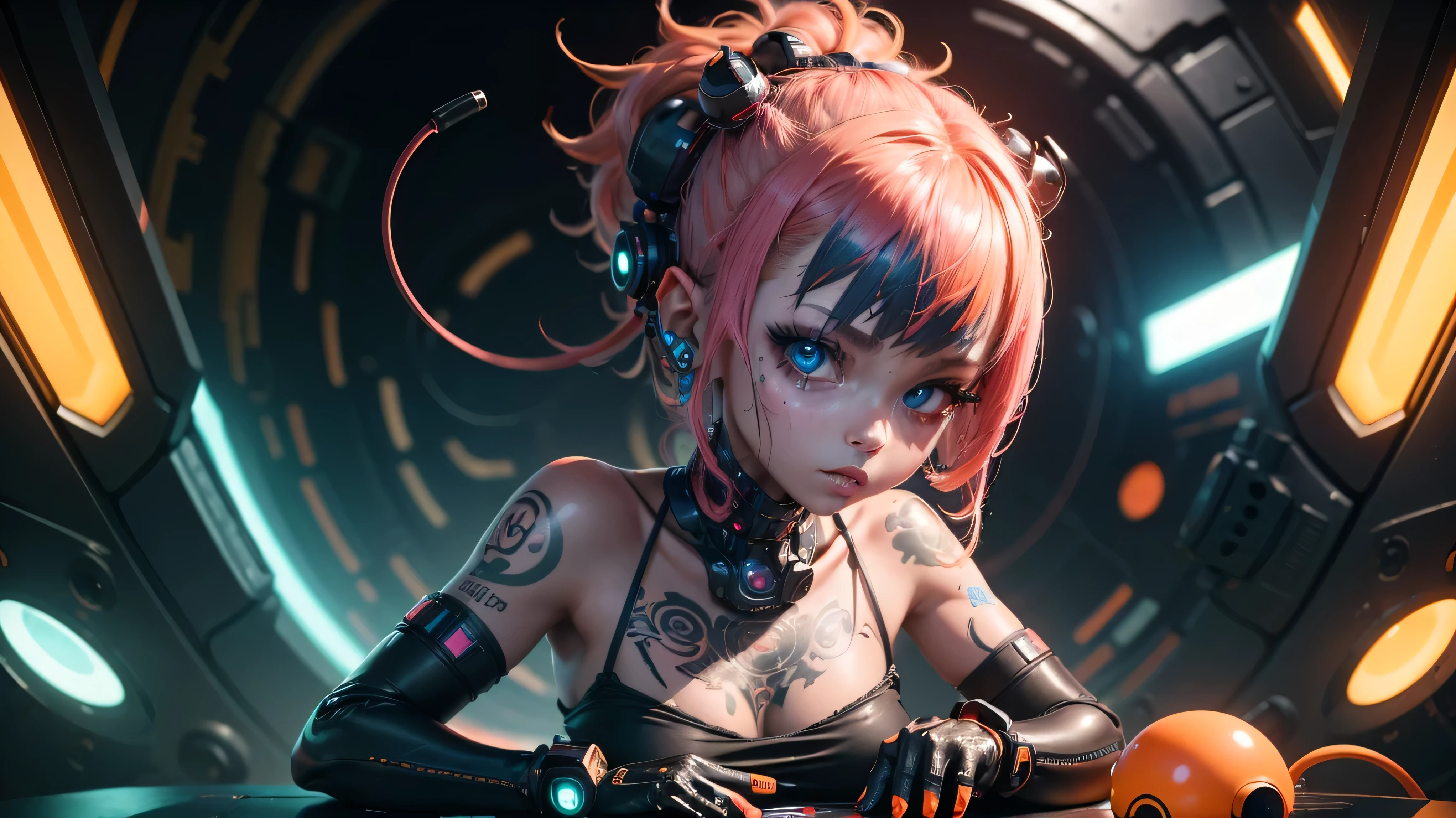 Extraordinary wide angle portrait, microscopic unknown cute cyberpunk alien species, orange tech fashion, professional photography, tech style, 8K HD, Adorable, Cute Tattoos，Cute & Sexy，Body tattoos,