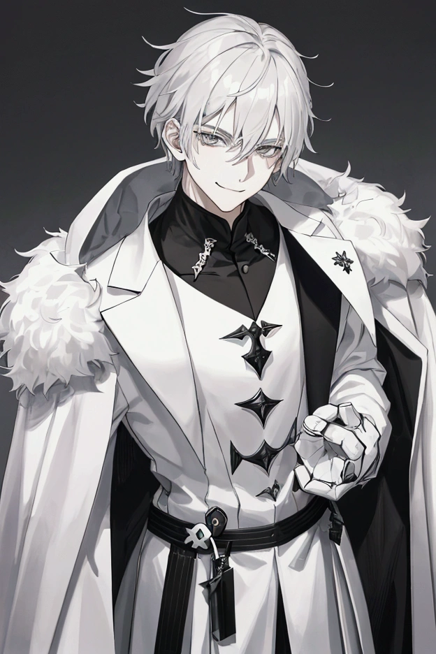 Human, semi-pale, pale gray hair, gray white and black outfit from year 900 AC, male, smirking, gray eyes, short hair,