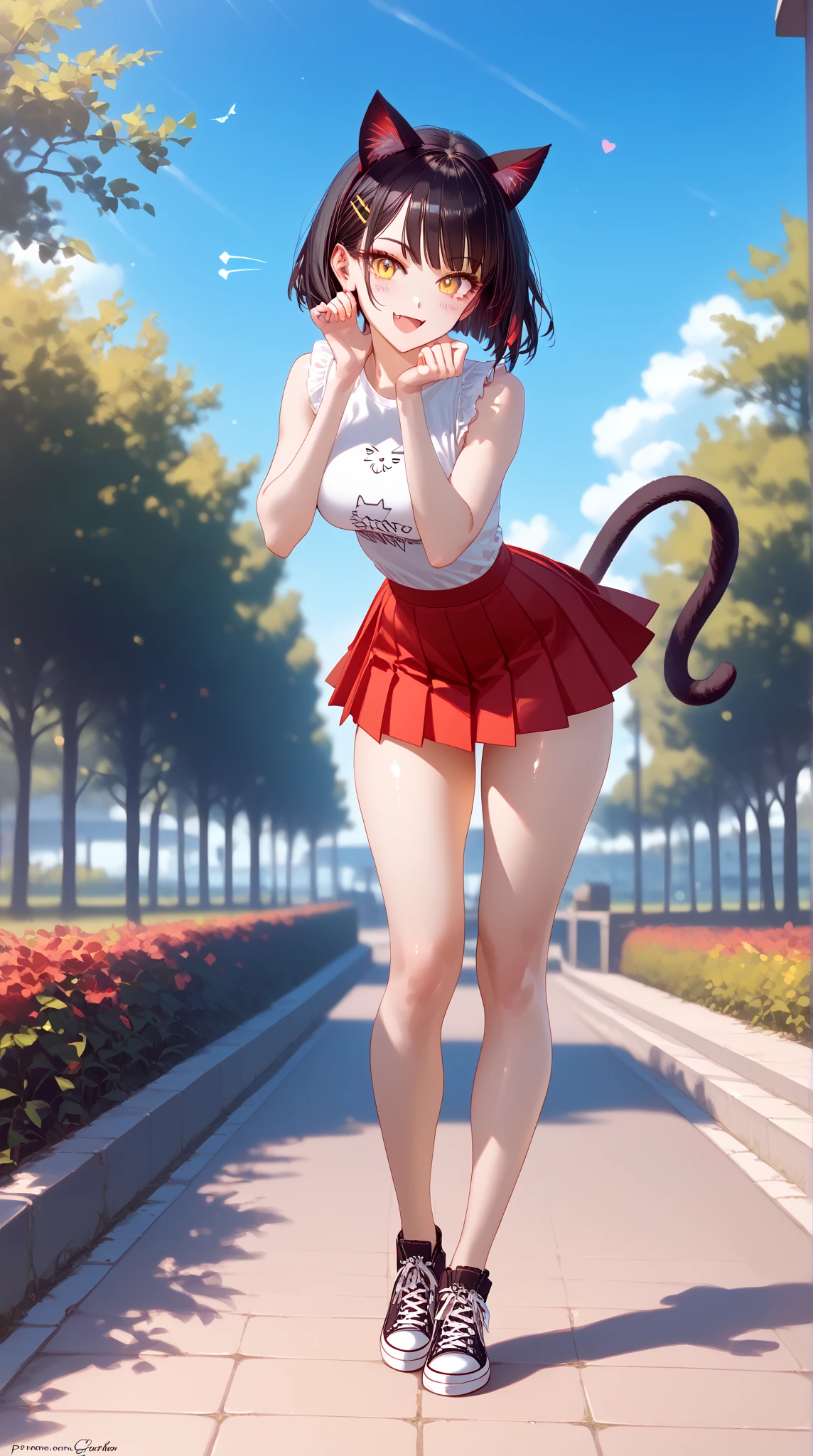 (masterpiece, best quality), (score_9,score_8_up,score_7_up), (highly-detailed), RAR, 
solo, (young woman, 21 years old), (short stylish black hair), (bright yellow eyes:1.3), (nice body, curvaceous, fit), cute face, (cat ears, cat tail), 
black sleeveless shirt, red pleated skirt, (thighs, legs), black converse shoes, standing, joyful, cute feline fang, playful, blush, (floating hears), outdoors, nice park, beautiful day, (extremely cute pose), sweet smile, the most beautiful catgirl, extremely adorable, looking at viewer, bokeh, dreamy, 8k, ultra high definition, subtle depth of field, subtle bloom, full body, hands behind back, leaning forward, 