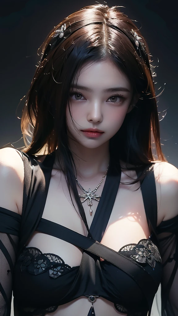 (8ก, highest quality: 1.3), (Fatal Beauty,A charming villain,witch) ,(A supple and powerful physique),(Sensual charm),(Mysterious charm:1.1),(Captivating silhouette),(highest quality,High resolution:1.2),(dark,Threatening:1.1),Very detailed, Complete Solution, (Realistic, Realistic photo: 1.37), Portraiture, High resolution RAW color photograph, devil, Beast skull, Blood Chain, was taken, Skeleton Behemoth, Abnormal restless eyes, Sutured limbs, Tentacles, Skeleton, teeth, Sharp Fangs, Chained, Insanityの表現, Insanity, Dungeon Dungeon Environment, Amazing details, Large file size, Urban,Very detailed,masterpiece,Intricate details,Faded,Very detailed, Eye for details,Intricate details,Dark and spooky atmosphere, Spiritual Beings, Hauntingly beautiful, Ghostly figures, Shadow-like shape, Spooky whispers, Ominous Aura, Very detailedな美しい女の子, (Ideal body type:1.8), Very detailed faceexpressive lips, (so beautiful、Crisp big eyes:1.5), Fine skin., All features are shown in detail., The outline of the fingers is beautifully drawn...., The nose is precisely shaped., expressive lips, Perfect Anatomy, 20th generation, cute、Realistic、(Front view:1.4),(Face Focus:1.3),Perfect breasts,Round Breasts,(Flat Chest:1.5),(View Audience:1.5), Perfect Ass, cute face, Sexy Face, Sexy Body,( Very lean body:1.6),Sexy pose, blush, Attractive body, Young people, masterpiece:1.8,((Beautiful woman aesthetic horror,dark影,A deeper perspective,Eerie Beauty,Grotesque elegance)),Dark fantasy,Horror universe,Insanityの庭,Kingdom of Nightmares,Beings from another world,Twisted reality,Gothic
