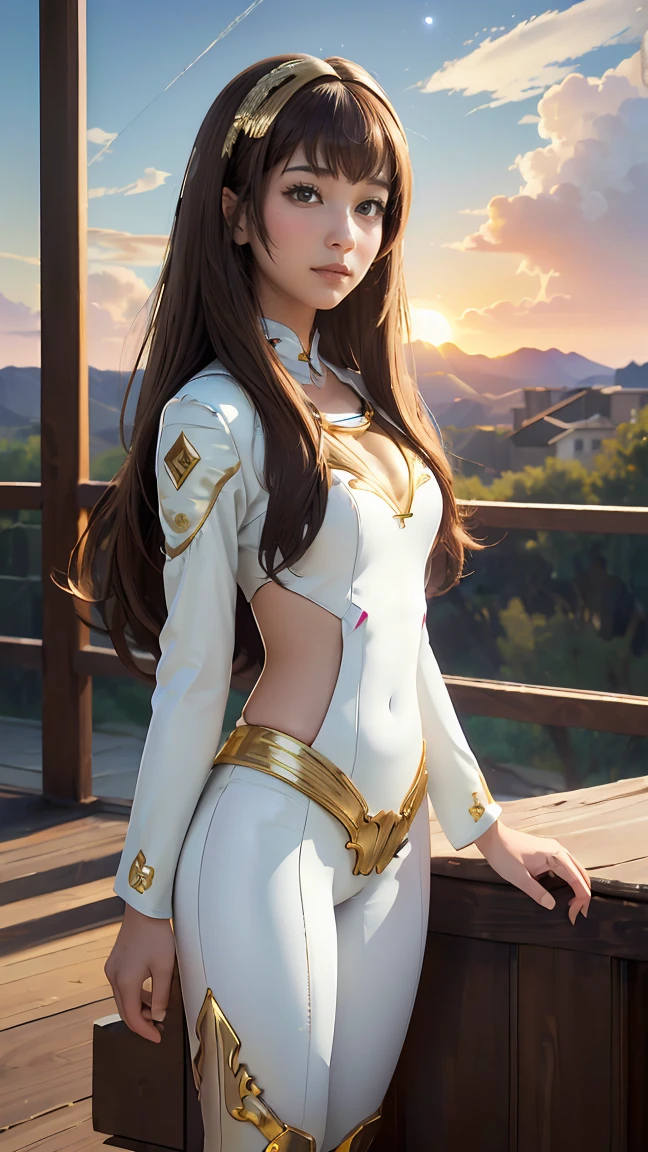 ((Masterpiece, best quality, very detailed), Volumetric light, surrounding occlusion, Rich and colorful, glow), 1 woman, lonely, young girl, (Brown bangs), long hair, radius, radius, sacred, goddess, Priesthood, (White suit with gold trim:1.3), armor, outdoor, sunset, sky, cloud, space, (Fantasy Theme:1.2),