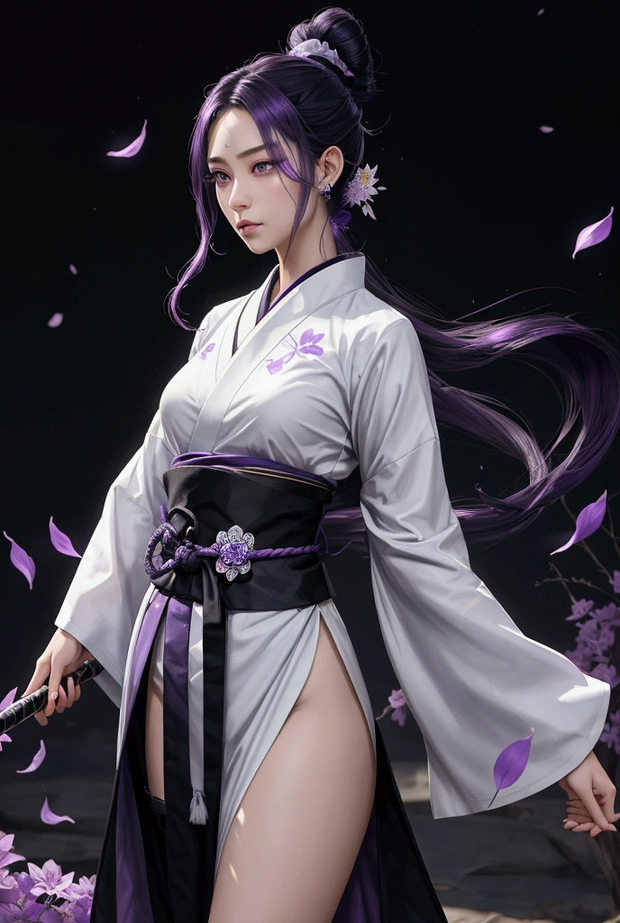 A young Shinigami captain in a setting that combines serenity and power. The character has long black hair with violet highlights tied in a high bun, with a few loose strands softening her features. Her intense violet eyes radiate calm and determination, reflecting a strategic and controlled personality. Clothing: Sayuri wears a modified haori, white with violet and black details, symbolizing her rank as Captain General of the 13 Divisions. Under the haori is a short, functional kimono with subtle swirl designs that evoke her mastery over the wind. Weapon: In his Shikai form, his Zanpakuto appears as a silver flute, delicately ornamented with dangling wind talismans that float lightly. Visual elements: The scene is taken by a whirlwind of gentle winds, carrying petals and leaves around the character. There is a serene and imposing aura around you, emphasizing your authority and connection with the wind element. In the background, a celestial landscape appears with light bluish and violet tones, highlighting the harmony and balance that Sayuri represents, but also suggesting the strength of her Bankai. Predominant colors: White, violet and black in clothing; silver metallic reflections on the flute and bright violet eyes that stand out against the ethereal background. Lighting: Soft and natural tones, with a slight violet glow around the character, representing her spiritual aura.