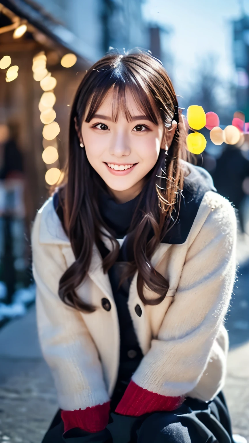 (Wore a winter uniform and scarf coat、 Close-up portrait of a girl with long hair and dull bangs:1.5)、(one person*** wearing a winter uniform and scarf coat spreads her arms and has a shy smile :1.5)、Age 25、( Christmas decorations on a street corner on a snowy winter night :1.5)、(perfect anatomy:1.3)、( completely up to your fingertips :1.3)、Photographically、photo shoot、masterpiece、top-quality、 high definition , Delicate and beautiful、 perfect face、 Beautiful detailed eyes 、 white skin、 Real Human Skin、pores、((Thin legs))、( dark haired)、 Realism, 8k full body portrait, Beautiful Women, attractive expression, 20 years old, Tokyo Eight Cities , Winters, Shibuya Background, Fantasia de Cena de Inverno , Senior Artist , Santa Claus's Workshop , , , A Snowy Winter Christmas Eve ,, City Hut , beautiful artist rendering, !!beautiful!!, The bangs don't hang over the forehead、(
slicked back hair:1.3),