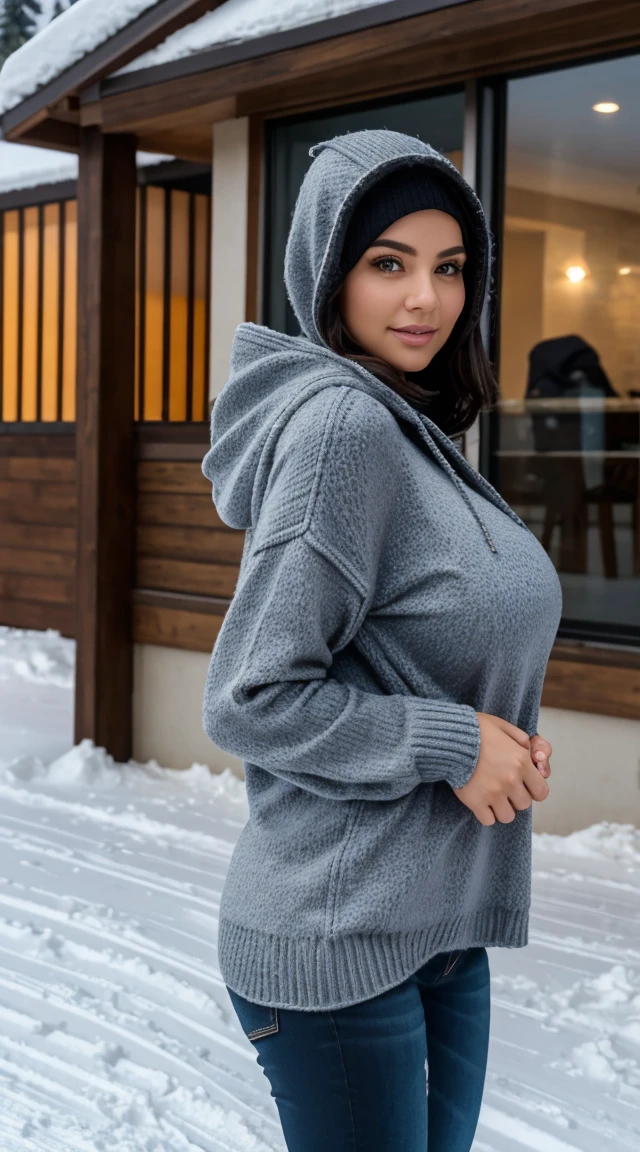 h3l3ng4nz, huge tits, dressed in a cold sweater with the hood covering her head, hands inside the cold blouse, in front of a ski resort, caindo neve, look of seduction