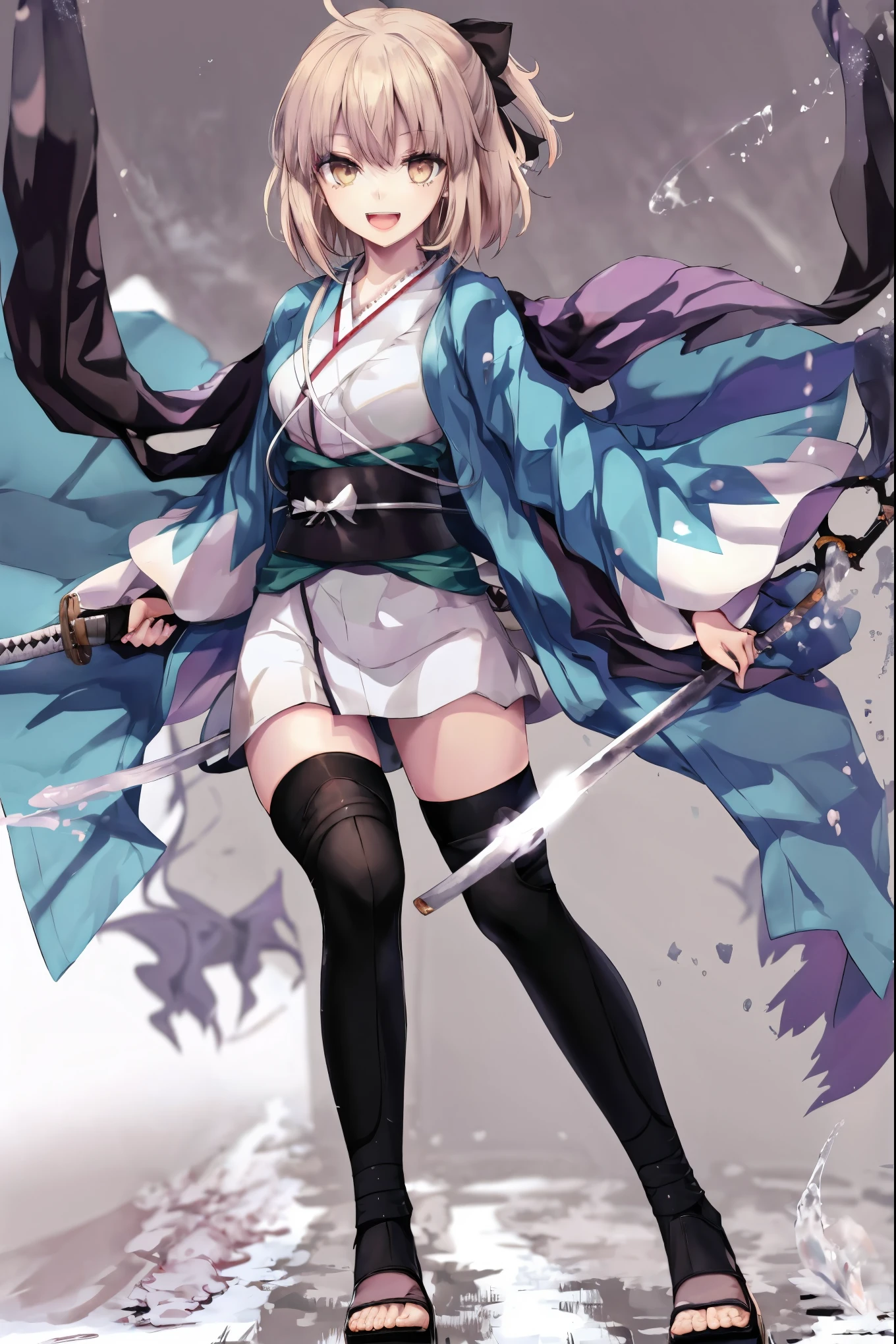 masterpiece, best quality, integrated scenery, integrated background, extremely delicate and beautiful, meticulous details, good composition, , cute face, perfect face, perfect hands, 1girl,okita souji \(FGO\), white_nosleeves_short_kimono,
 smile,happy,gold_half_eyes, thigh-highs, straw_sandals,medium_breasts, midriff , right leg forward , 1katana,old_japanese_city_background,black_long_muffler,knee, bragging_face, black_cloth_gauntlet,apart_legs,open_mouth,blue&white_japanese_jacket,open_legs,