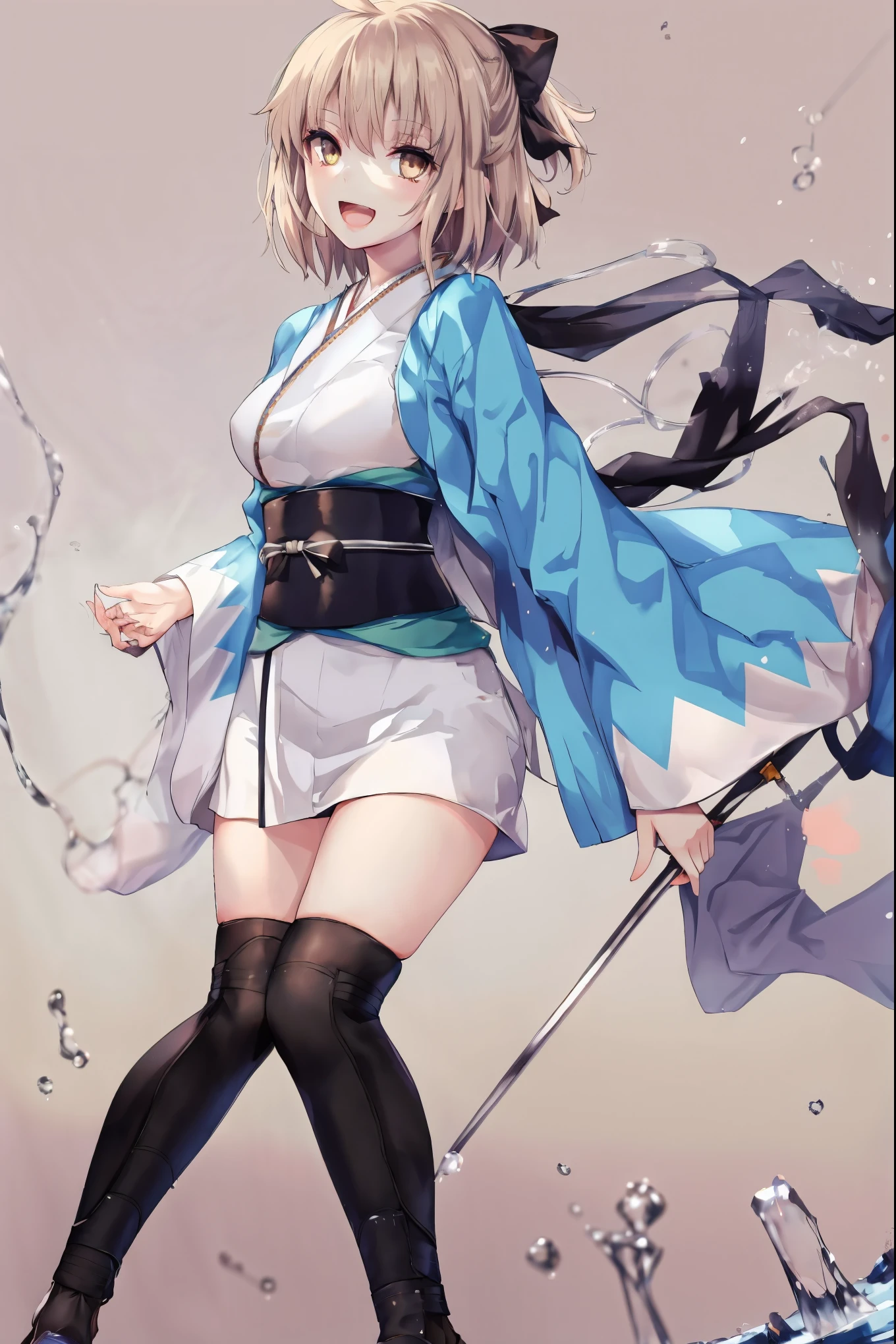 masterpiece, best quality, integrated scenery, integrated background, extremely delicate and beautiful, meticulous details, good composition, , cute face, perfect face, perfect hands, 1girl,okita souji \(FGO\), white_nosleeves_short_kimono,
 smile,happy,gold_half_eyes, thigh-highs, straw_sandals,medium_breasts, midriff , right leg forward , 1katana,old_japanese_city_background,black_long_muffler,knee, bragging_face, black_cloth_gauntlet,apart_legs,open_mouth,blue&white_japanese_jacket,open_legs,