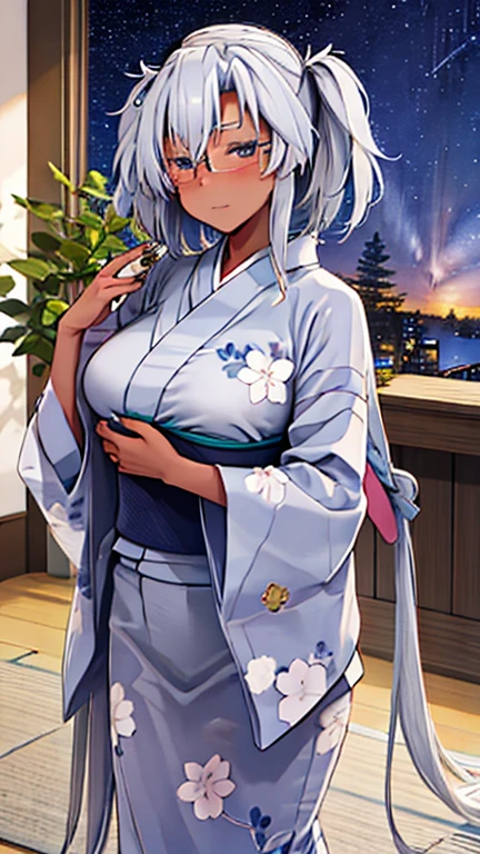 Landscape Photography、 wallpaper、 starry sky 、milky way、Yukata girls, dark_skin, Glasses、Silver-haired woman、 medium hair，Big Breasts