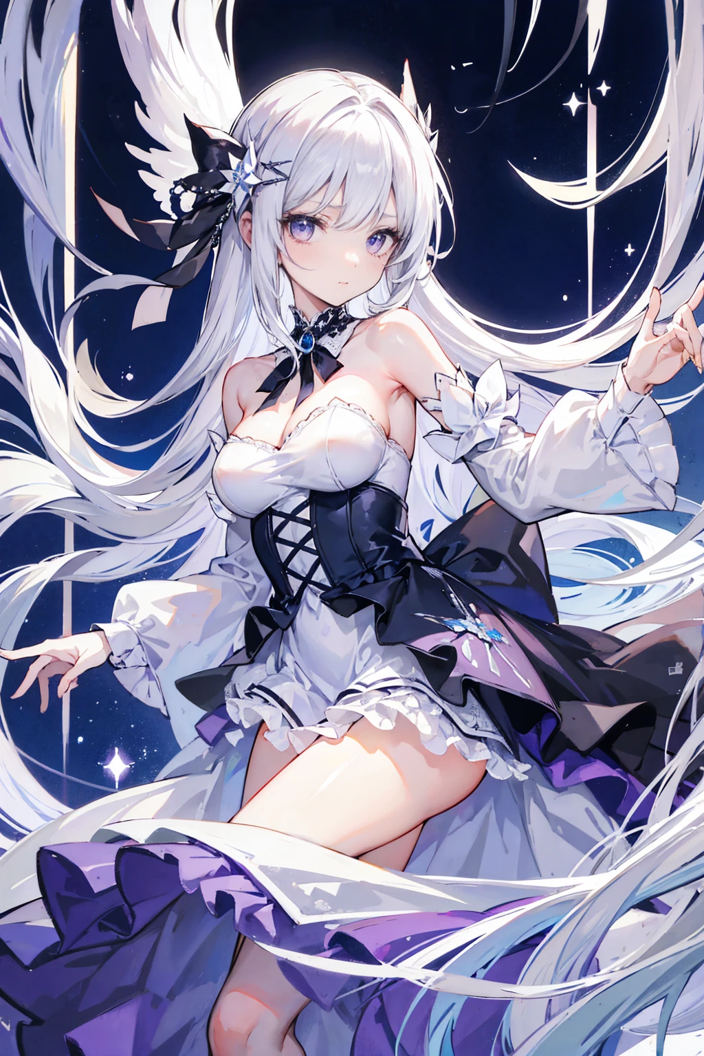 silber hair,butterflys,long whitr hair,8k wallpaper,detailedbackground,Highest high resolution,deep v big breasts,Hair covers one eye,Bandeau,chies,Purple roses,tight-fitting,themoon