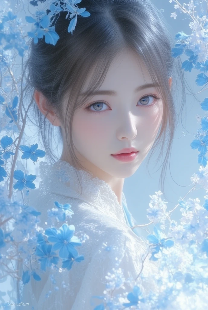 A fein-art-Portrait of an east-asian woman, ((, smiling :1.3),gently and entwined with delicate motifs symbolizing interkit cravings, baby blue and white palette, hyper-realistic, focused on textural intricacies, fine details, natural light, ultra fine, digital painting. 