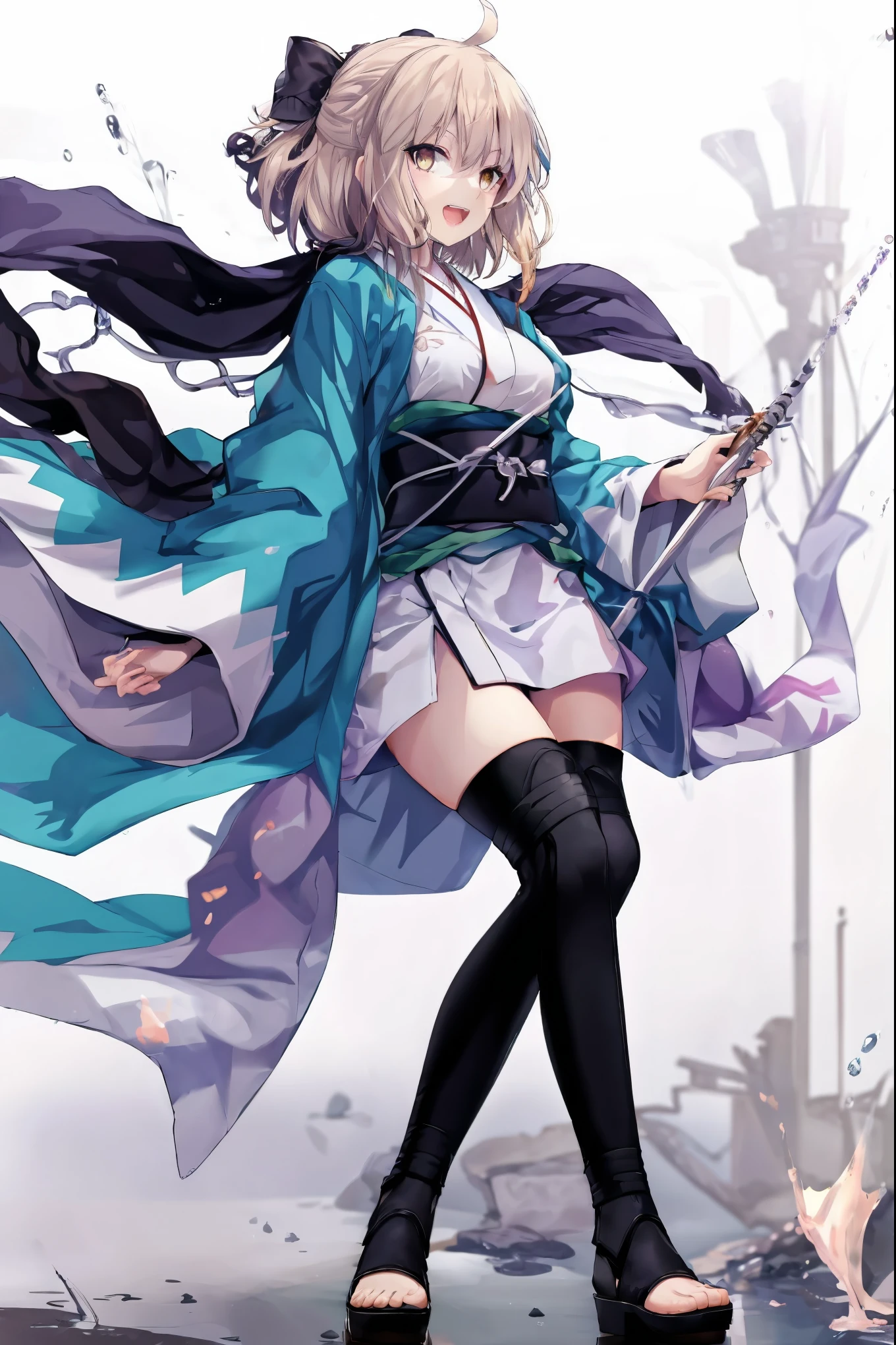 masterpiece, best quality, integrated scenery, integrated background, extremely delicate and beautiful, meticulous details, good composition, , cute face, perfect face, perfect hands, 1girl,okita souji \(FGO\), white_nosleeves_short_kimono,
 smile,happy,gold_half_eyes, thigh-highs, straw_sandals,medium_breasts, midriff , right leg forward , 1katana,old_japanese_town_background,black_long_muffler,knee, bragging_face, black_cloth_gauntlet,apart_legs,open_mouth,blue&white_japanese_jacket,open_legs,