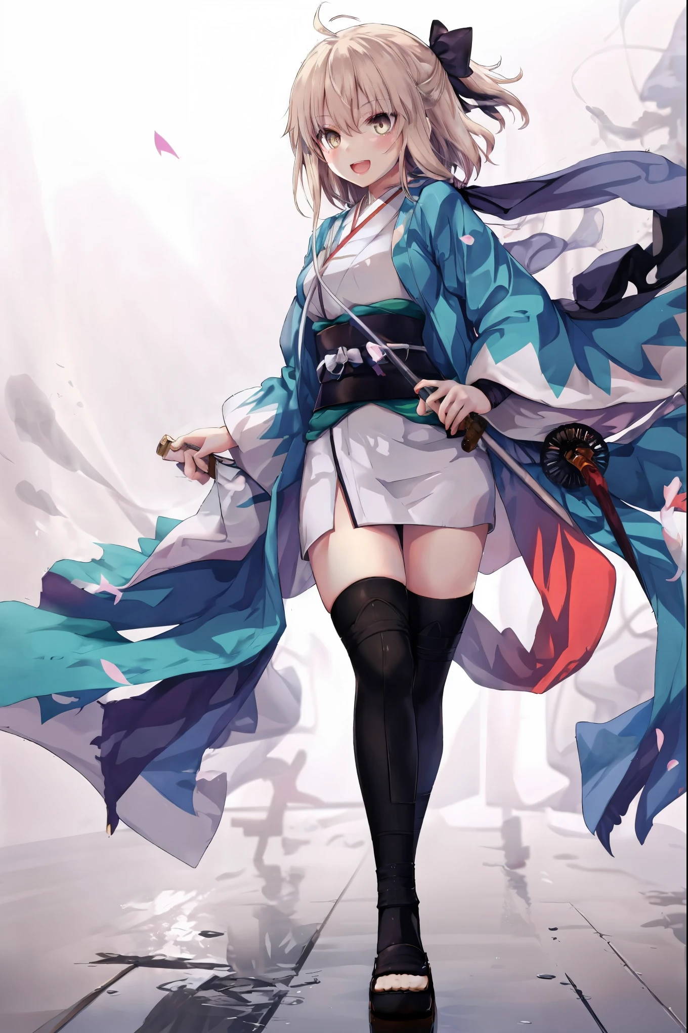 masterpiece, best quality, integrated scenery, integrated background, extremely delicate and beautiful, meticulous details, good composition, , cute face, perfect face, perfect hands, 1girl,okita souji \(FGO\), white_nosleeves_short_kimono,
 smile,happy,gold_half_eyes, thigh-highs, straw_sandals,medium_breasts, midriff , right leg forward , 1katana,old_japanese_town_background,black_long_muffler,knee, bragging_face, black_cloth_gauntlet,apart_legs,open_mouth,blue&white_japanese_jacket,open_legs,