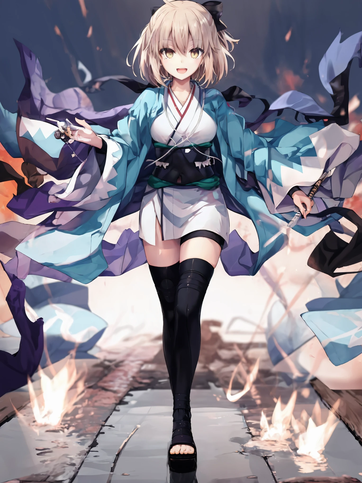 masterpiece, best quality, integrated scenery, integrated background, extremely delicate and beautiful, meticulous details, good composition, , cute face, perfect face, perfect hands, 1girl,okita souji \(FGO\), white_nosleeves_short_kimono,
 smile,happy,gold_half_eyes, thigh-highs, straw_sandals,medium_breasts, midriff , right leg forward , 1katana,old_japanese_town_background,black_long_muffler,knee, bragging_face, black_cloth_gauntlet,apart_legs,open_mouth,blue&white_japanese_jacket,open_legs,