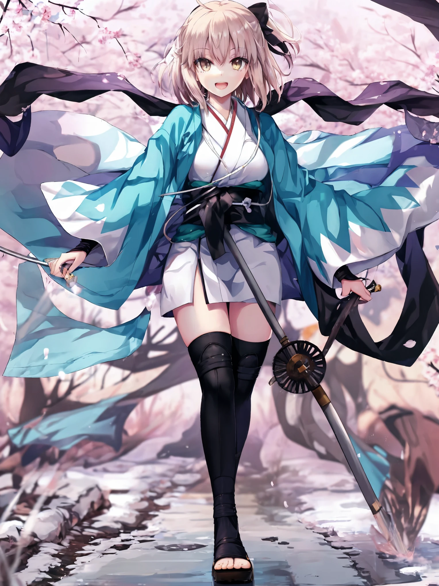 masterpiece, best quality, integrated scenery, integrated background, extremely delicate and beautiful, meticulous details, good composition, , cute face, perfect face, perfect hands, 1girl,okita souji \(FGO\), white_nosleeves_short_kimono,
 smile,happy,gold_half_eyes, thigh-highs, straw_sandals,medium_breasts, midriff , right leg forward , 1katana,old_japanese_town_background,black_long_muffler,knee, bragging_face, black_cloth_gauntlet,apart_legs,open_mouth,blue&white_japanese_jacket,open_legs,