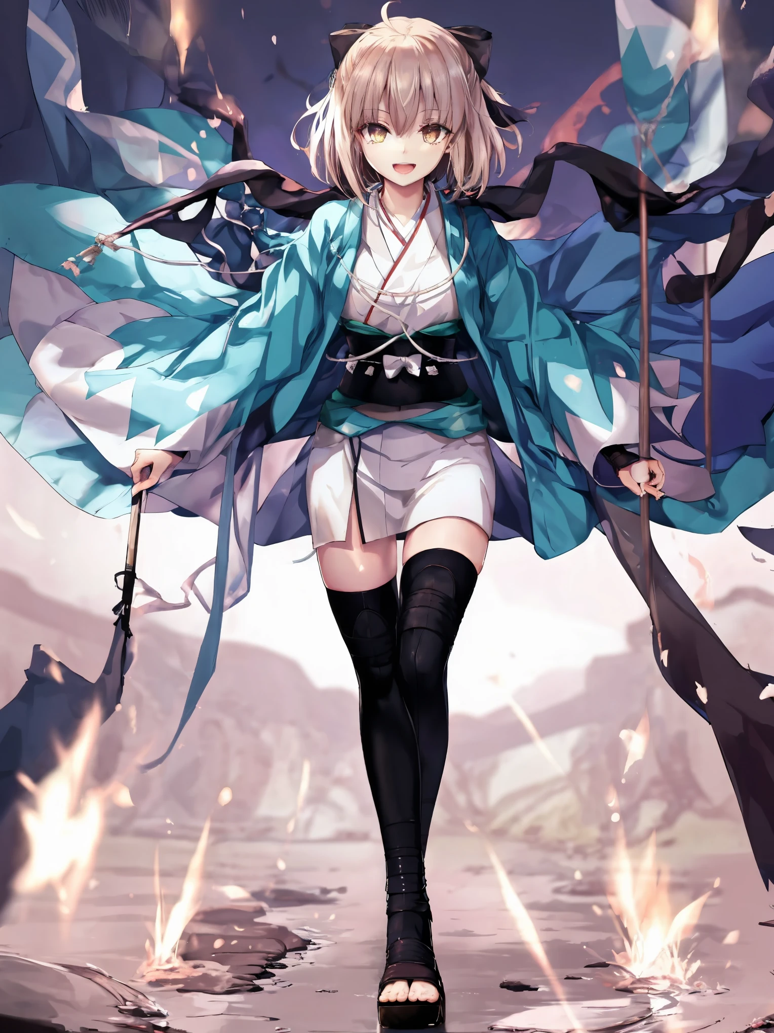 masterpiece, best quality, integrated scenery, integrated background, extremely delicate and beautiful, meticulous details, good composition, , cute face, perfect face, perfect hands, 1girl,okita souji \(FGO\), white_nosleeves_short_kimono,
 smile,happy,gold_half_eyes, thigh-highs, straw_sandals,medium_breasts, midriff , right leg forward , 1katana,old_japanese_town_background,black_long_muffler,knee, bragging_face, black_cloth_gauntlet,apart_legs,open_mouth,blue&white_japanese_jacket,open_legs,