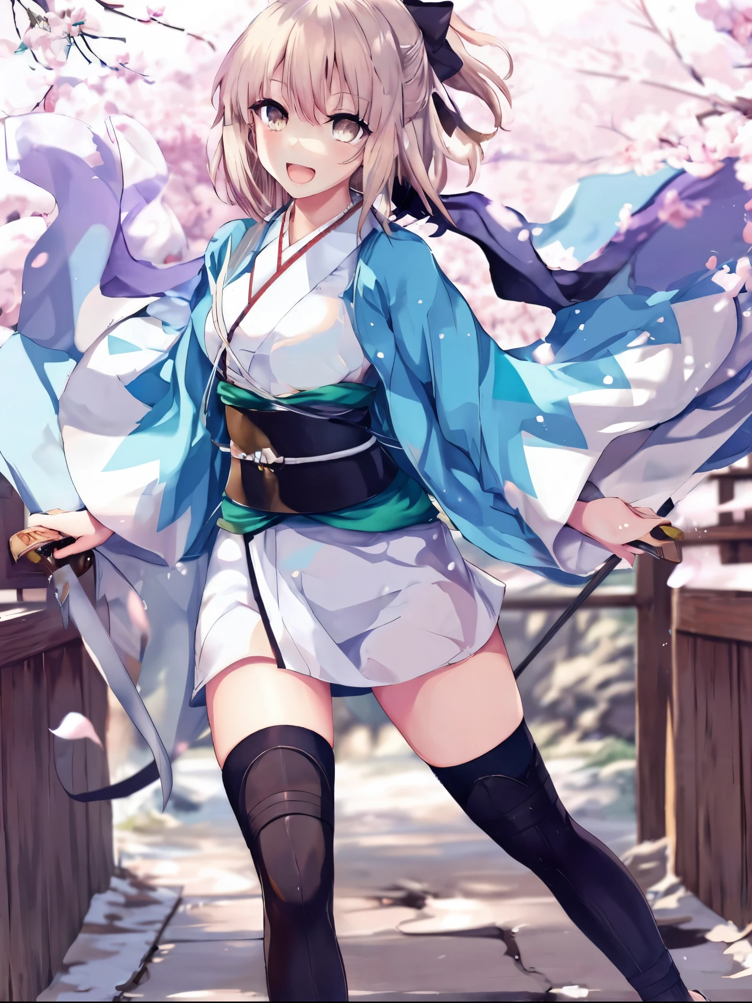 masterpiece, best quality, integrated scenery, integrated background, extremely delicate and beautiful, meticulous details, good composition, , cute face, perfect face, perfect hands, 1girl,okita souji \(FGO\), white_nosleeves_short_kimono,
 smile,happy,gold_half_eyes, thigh-highs, straw_sandals,medium_breasts, midriff , right leg forward , 1katana,japanese_town_background,black_long_muffler,knee, bragging_face, black_cloth_gauntlet,apart_legs,open_mouth,blue&white_japanese_jacket,open_legs,