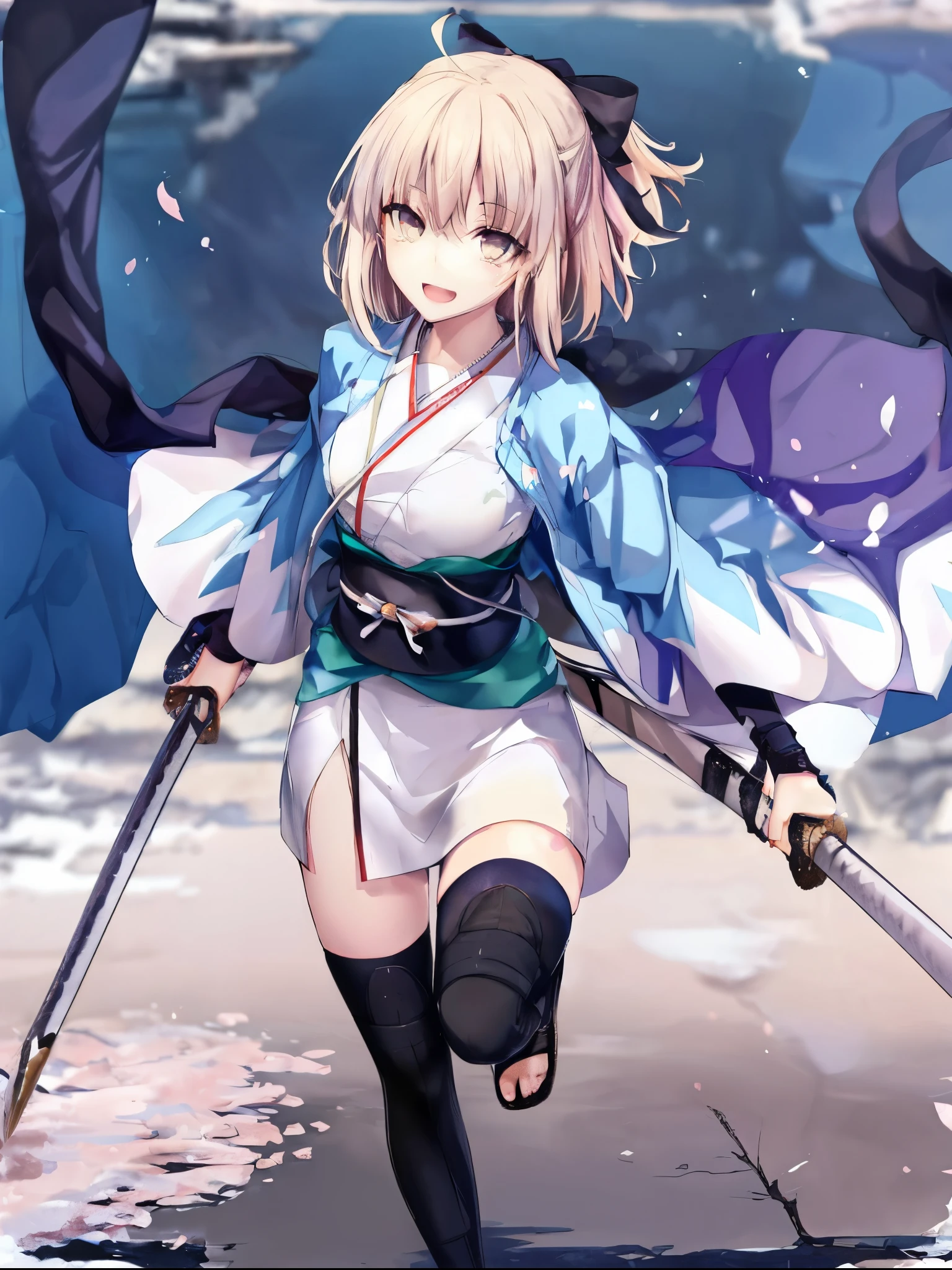 masterpiece, best quality, integrated scenery, integrated background, extremely delicate and beautiful, meticulous details, good composition, , cute face, perfect face, perfect hands, 1girl,okita souji \(FGO\), white_nosleeves_short_kimono,
 smile,happy,gold_half_eyes, thigh-highs, straw_sandals,medium_breasts, midriff , right leg forward , 1katana,japanese_town_background,black_long_muffler,knee, bragging_face, black_cloth_gauntlet,apart_legs,open_mouth,blue&white_japanese_jacket,open_legs,