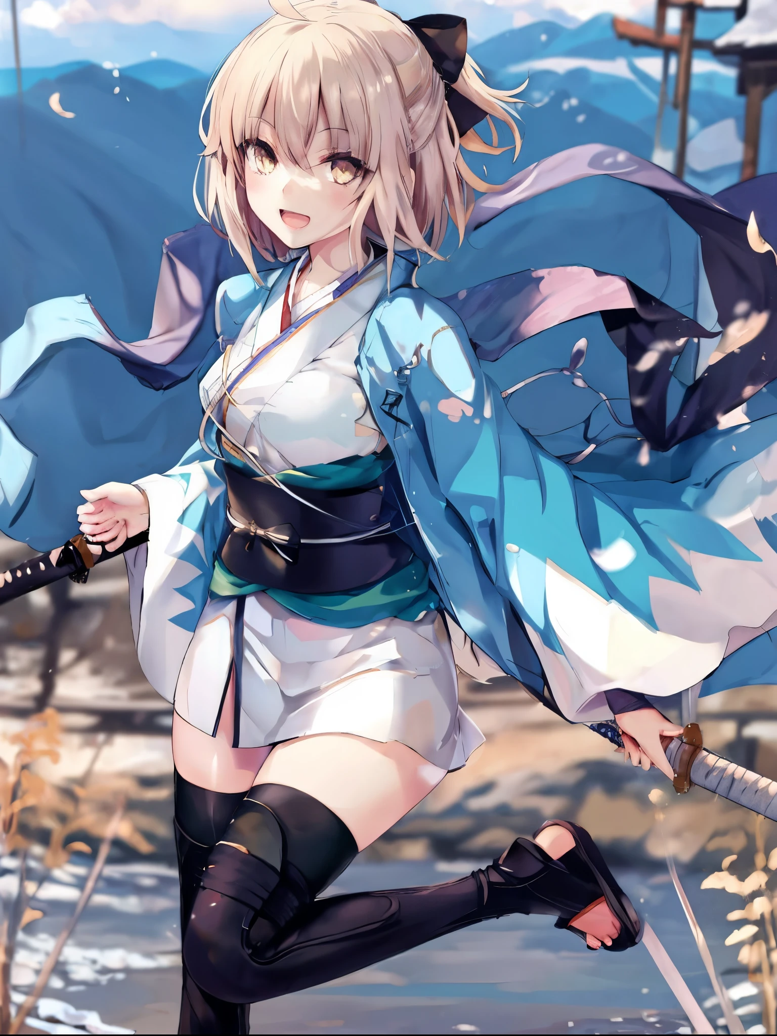 masterpiece, best quality, integrated scenery, integrated background, extremely delicate and beautiful, meticulous details, good composition, , cute face, perfect face, perfect hands, 1girl,okita souji \(FGO\), white_nosleeves_short_kimono,
 smile,happy,gold_half_eyes, thigh-highs, straw_sandals,medium_breasts, midriff , right leg forward , 1katana,japanese_town_background,black_long_muffler,knee, bragging_face, black_cloth_gauntlet,apart_legs,open_mouth,blue&white_japanese_jacket,open_legs,