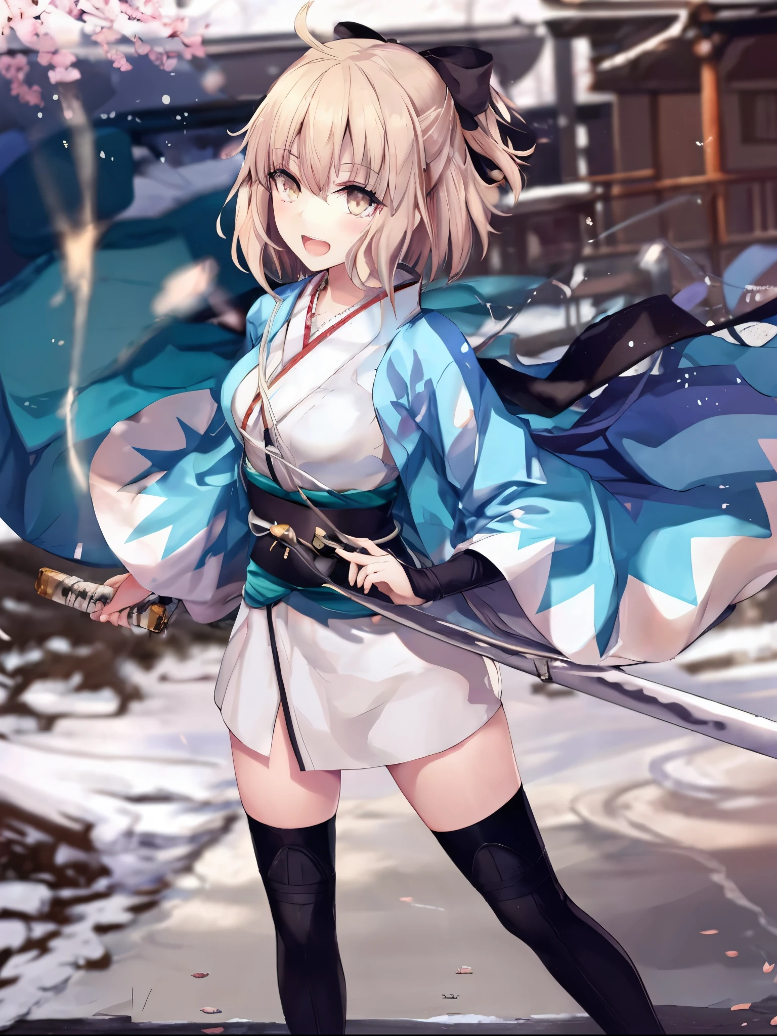 masterpiece, best quality, integrated scenery, integrated background, extremely delicate and beautiful, meticulous details, good composition, , cute face, perfect face, perfect hands, 1girl,okita souji \(FGO\), white_nosleeves_short_kimono,
 smile,happy,gold_half_eyes, thigh-highs, straw_sandals,medium_breasts, midriff , right leg forward , 1katana,japanese_town_background,black_long_muffler,knee, bragging_face, black_cloth_gauntlet,apart_legs,open_mouth,blue&white_japanese_jacket,open_legs,