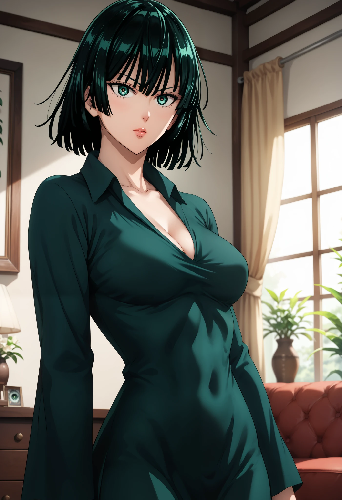 sfw, anime style, extremely detailed CG, high resolution, best quality, masterpiece, single woman, fubuki (one punch man), dark green eyes, (beautiful detailed eyes: 1.4), dark green hair, medium breasts, natural pose, indoors