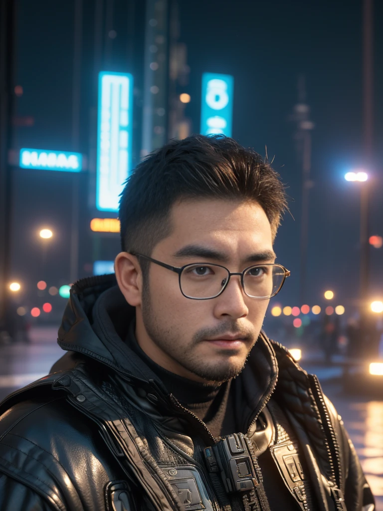 george bernard, george pei, masterpiece, best quality, solo, (((landscape))), (((crew cut))), very short hair, round face, (((mature man, stocky body, muscular, asian man, brown eyes, rounded face, glasses))), (big shoulders), (((stubbles, Short beard))), smile, stock photo, photo real, better light, Dynamic Angle, volumetric lighting, (Best quality, A high resolution, Photorealistic), Masterpiece, RAW photo, Intricate details, detailed background, depth of field, cinematic, hdr, polaroid photo, Professional photography, Realistic photography, 8k, UHD, severe low lighting, porn movie , sharp focus, Fujifilm XT38K，game art，best picture quality，Highest resolution，8k，((A half-length photo))，((portrait))，(rule of thirds)，Unreal Engine 5 rendering works， (Future boy)，(male warrior)， 22-year-old young hacker)，(ancient oriental)，(Beautiful eyes full of details)，(eye shadow)，charming，indifferent，((frown))，(Combat suit full of futuristic technology，The costume combines futuristic power armor and，Clothing is decorated with glittering patterns and emblems)，cyberpunk characters，in the style of futuristic， photo poses，city background，lamp，Ray tracing，Game CG，((3D Unreal Engine))，OC rendering reflection pattern