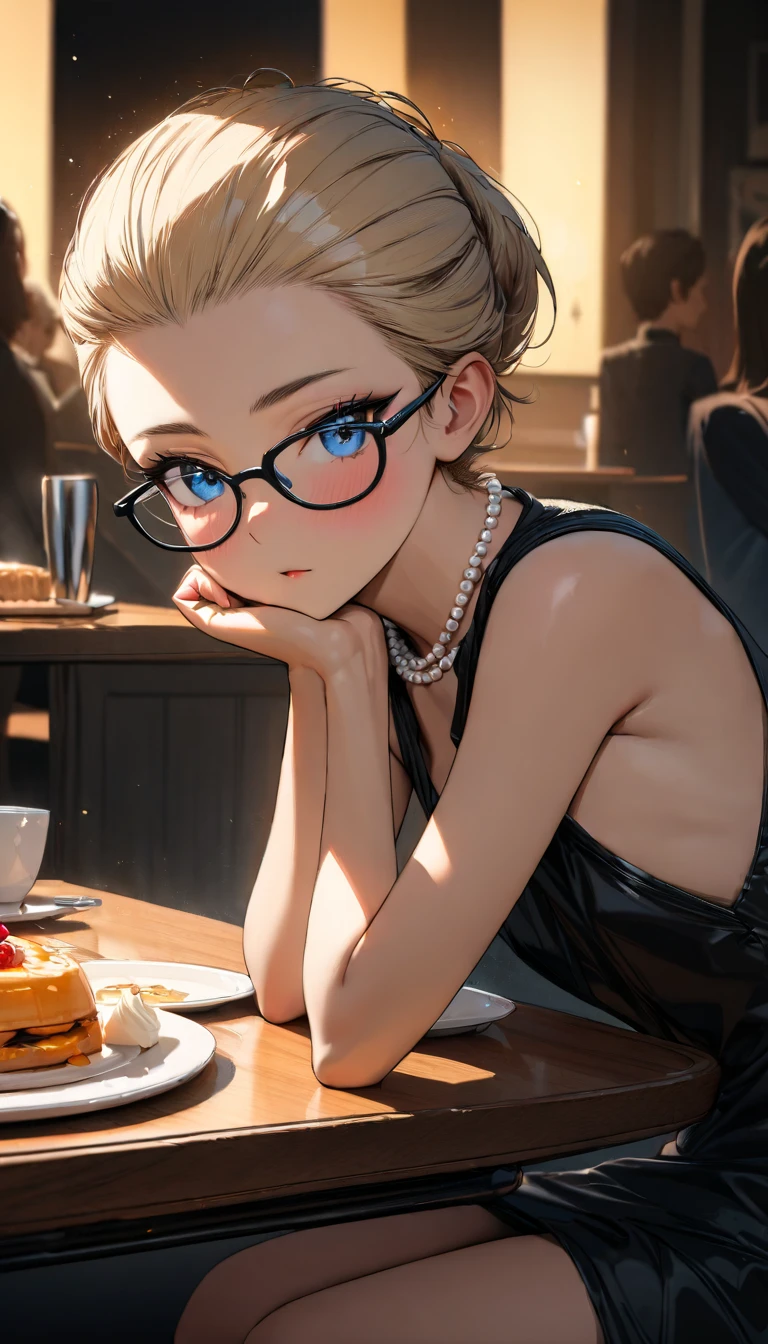 Speedy Shot,(Top quality masterpiece),detailed,ultra detailed,hyper detailed,insanely detailed,Exquisite,Beautiful Full HD,16k,cute,Fantasy,A vibrant academic community,Soft line design,Soft　Surface,Simple line drawing,The best light,Fast Shutter Speed,  depth of border described,Highly saturated colors,BREAK,
(20yo),skinny,flat chested,(forehead,hair slicked back:1.3),Beautiful blonde hair,(blue eyes),(black nodoka glasses),thick bluish eyeshadow, thin eyebrows, thick black eyeliner, Highlighted eyes with eyeliner, false eyelashes,BREAK,
little smile,head rest on the table,((Tiara)), pearl necklace, (sleeveless black evening dress), black detached sleeves,upper body,from below,solo focus,straight-on,Breakfast at Tiffany's