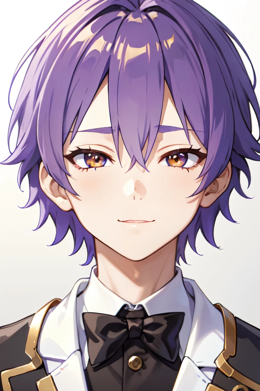 Age 18 　 {{ 1 man、  jacket、 inner shirt 、 kind smiles、(((appearance:gold eye、 purple hair、Golden Eyes、 blue hair、purple hair、Hairstyle:No bangs、very short hair、)))Muscular、Wedding、 tuxedo、bridegroom、Stern face、 is cool、 angle from front、Close-up 、((( will brush up his hair、Forehead、)))、 manly、The gaze of the viewer