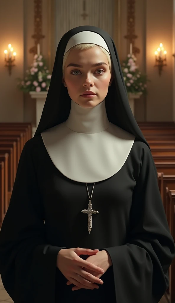 a woman in a nun outfit holding a candle in a dark room, nun fashion model, nun, nun outfit, annasophia robb as joan of arc, an evil nun, nun fashion model looking up, still from a live action movie, karol bak of emma watson nun, woman in black robes, still from the movie, shot from movie, vampire nun