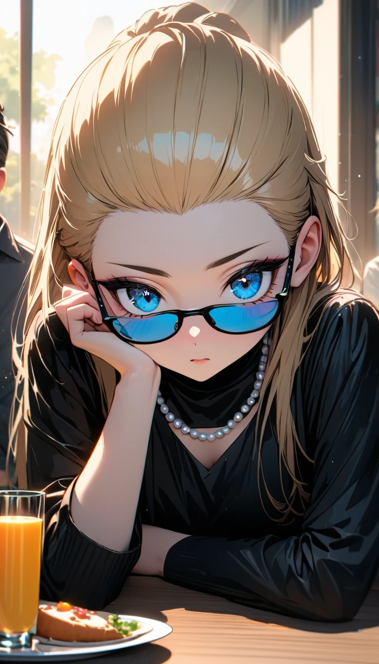 Speedy Shot,(Top quality masterpiece),detailed,ultra detailed,hyper detailed,insanely detailed,Exquisite,Beautiful Full HD,16k,cute,Fantasy,A vibrant academic community,Soft line design,Soft　Surface,Simple line drawing,The best light,Fast Shutter Speed,  depth of border described,Highly saturated colors,BREAK,
(20yo),skinny,flat chested,(forehead,hair slicked back:1.3),Beautiful blonde hair,(blue eyes),(black nodoka glasses),thick bluish eyeshadow, thin eyebrows, thick black eyeliner, Highlighted eyes with eyeliner, false eyelashes,BREAK,
little smile,head rest on the table,((Tiara)), pearl necklace, (sleeveless black evening dress), black detached sleeves,upper body,from below,solo focus,straight-on,Breakfast at Tiffany's