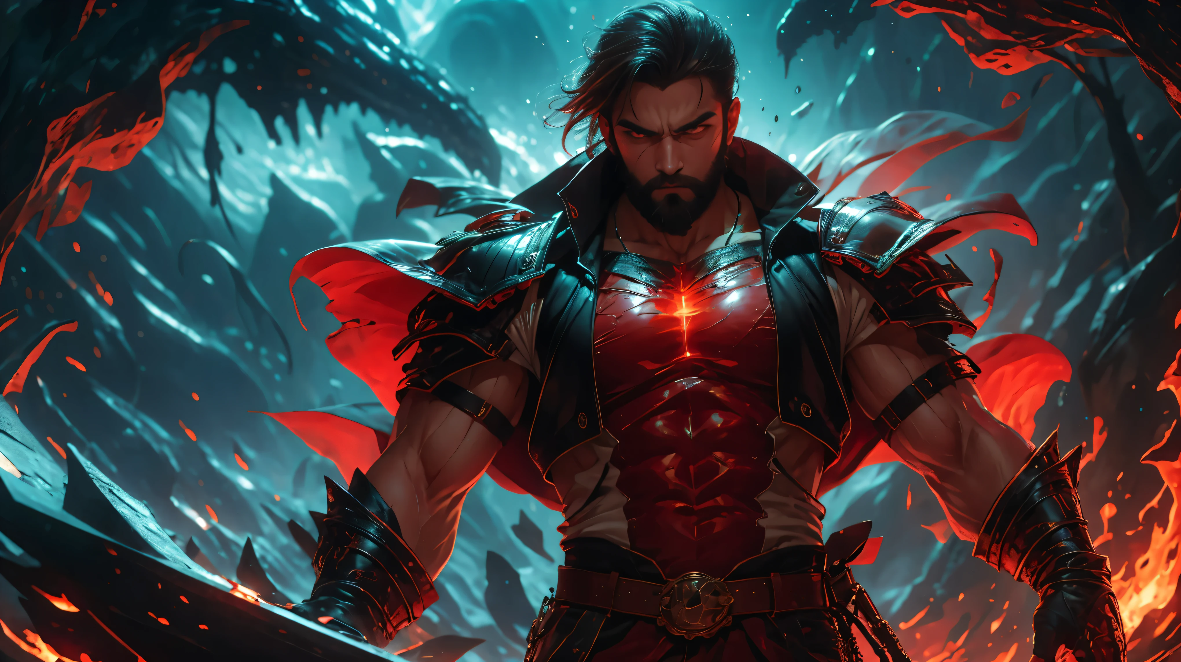 (( better quality )), (( masterpiece)), (Detailed), perfect cara . Cara with a rojo color . Very strong male body. big muscle . War with pesada weapons and ligera . coraza de aceros de diferentes colores con ropas geniales. especially dorada de hoja ancha . sword gladius. Mayan shield. casco de aceros muy fun . Man with beard. Ojos rojos. cabello oscuro
