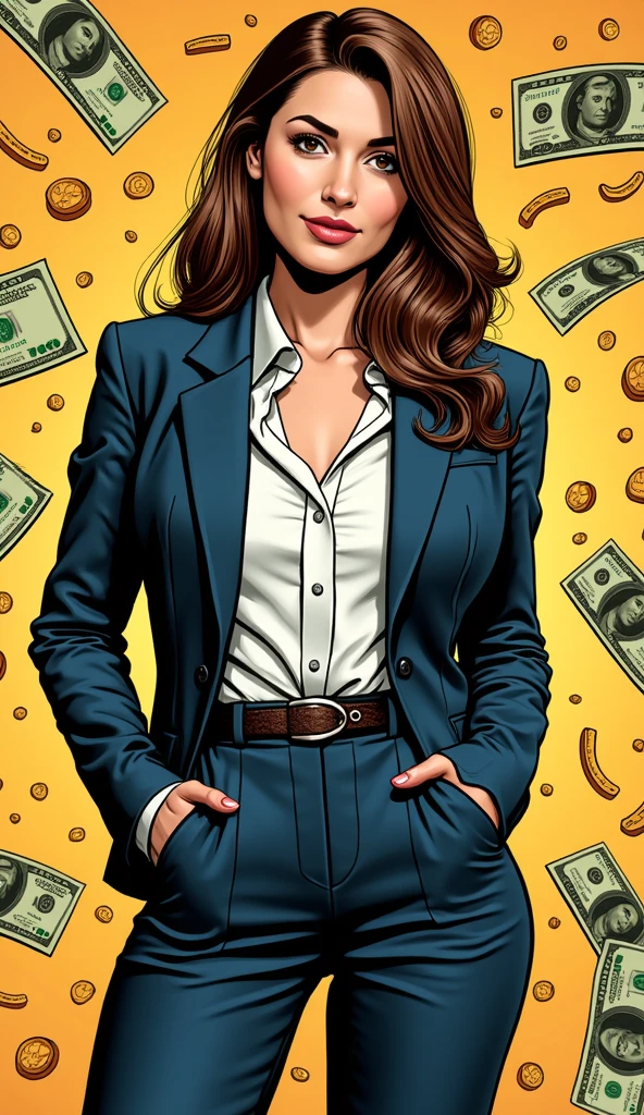 "A stylish adult woman, American, dressed in a professional and elegant outfit suitable for a business environment. She is surrounded by symbols of wealth and success, such as dollar bills or gold coins, presented in a comic book style with vibrant colors. The woman has a confident and discreet smile, with an overall empowering and classy appearance. The background incorporates abstract elements related to finance and prosperity."