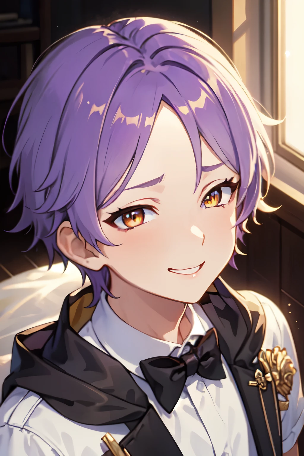 Age 18 　 {{ 1 man、  jacket、 inner shirt 、 kind smiles、(((appearance:gold eye、 purple hair、Golden Eyes、 blue hair、purple hair、Hairstyle:No bangs、very short hair、)))Muscular、Wedding、wedding、 white tuxedo 、bridegroom、Stern face、 is cool、 angle from front、((( will brush up his hair、Forehead、)))、 manly、The gaze of the viewer