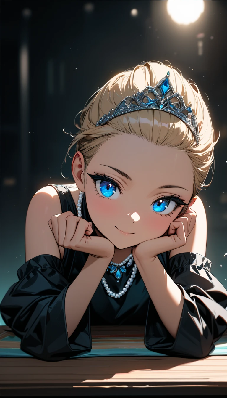 Speedy Shot,(Top quality masterpiece),detailed,ultra detailed,hyper detailed,insanely detailed,Exquisite,Beautiful Full HD,16k,cute,Fantasy,A vibrant academic community,Soft line design,Soft　Surface,Simple line drawing,The best light,Fast Shutter Speed,  depth of border described,Highly saturated colors,BREAK,
(20yo),skinny,flat chested,(forehead,hair slicked back:1.3),Beautiful blonde hair,(blue eyes),(black nodoka glasses),thick bluish eyeshadow, thin eyebrows, thick black eyeliner, Highlighted eyes with eyeliner, false eyelashes,BREAK,
little smile,head rest on the table,((Tiara)), pearl necklace, (sleeveless black evening dress), black detached sleeves,upper body,from below,solo focus,straight-on,Breakfast at Tiffany's