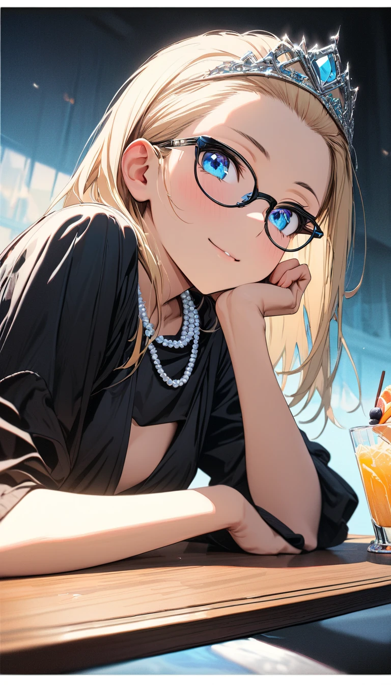 Speedy Shot,(Top quality masterpiece),detailed,ultra detailed,hyper detailed,insanely detailed,Exquisite,Beautiful Full HD,16k,cute,Fantasy,A vibrant academic community,Soft line design,Soft　Surface,Simple line drawing,The best light,Fast Shutter Speed,  depth of border described,Highly saturated colors,BREAK,
(20yo),skinny,flat chested,(forehead,hair slicked back:1.3),Beautiful blonde hair,(blue eyes),(black nodoka glasses),thick bluish eyeshadow, thin eyebrows, thick black eyeliner, Highlighted eyes with eyeliner, false eyelashes,BREAK,
little smile,head rest on the table,((Tiara)), pearl necklace, (sleeveless black evening dress), black detached sleeves,upper body,from below,solo focus,straight-on,Breakfast at Tiffany's