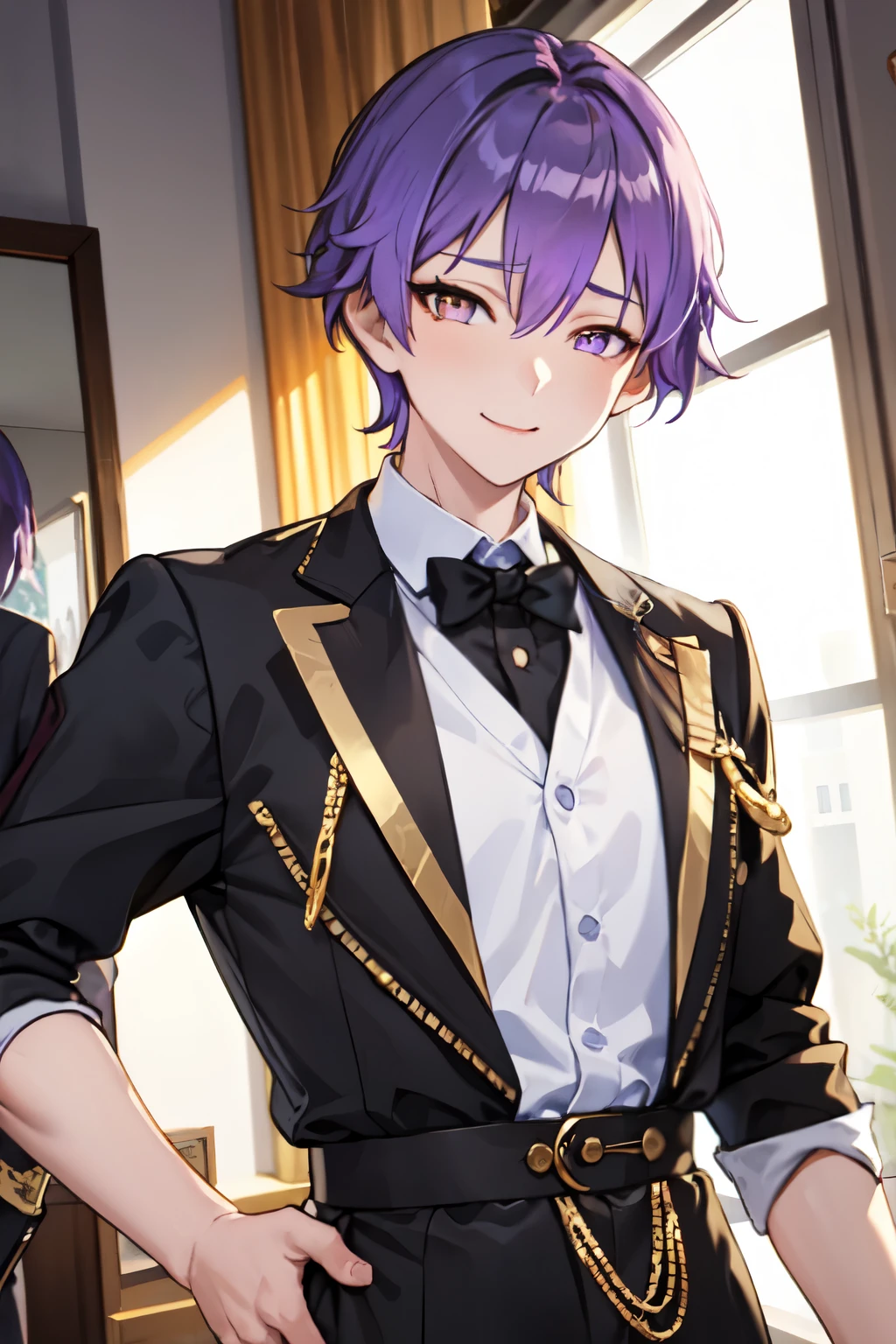 Age 18 　 {{ 1 man、  jacket、 inner shirt 、 kind smiles、(((appearance:gold eye、 purple hair、Golden Eyes、 blue hair、purple hair、Hairstyle:No bangs、very short hair、)))Muscular、Wedding、wedding、 white tuxedo 、bridegroom、Stern face、 is cool、 angle from front、((Forehead、)))、 manly、The gaze of the viewer、Waist-up angle