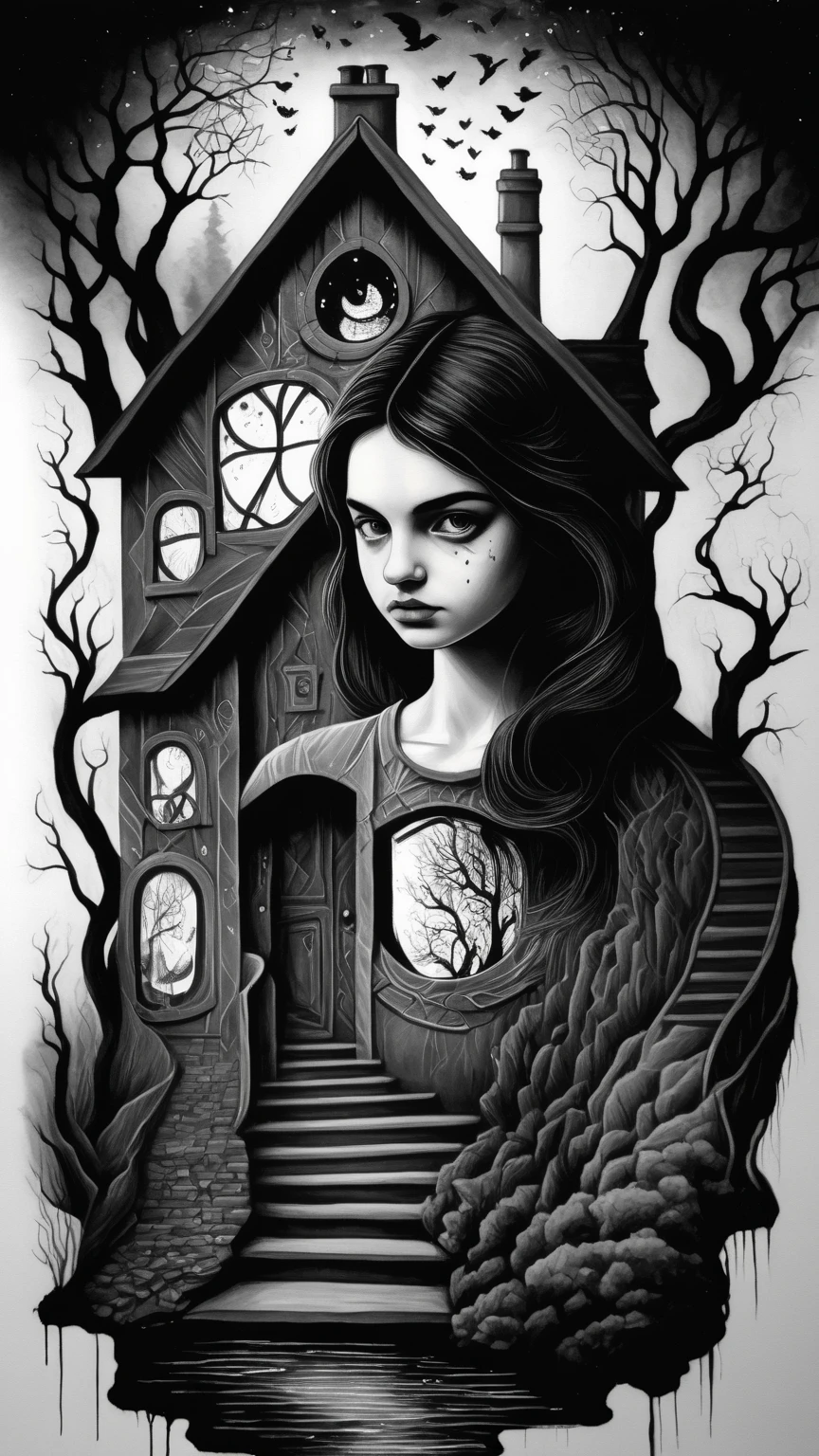 illusionix hous, girl, black ink