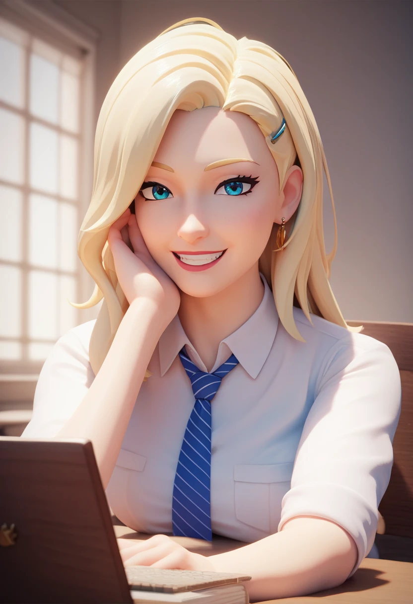 { masterpiece : best quality : high resolution : unity 8k wallpaper : illustration : extremely detailed face : perfect lighting : extremely detailed CG : perfect anatomy } { background = receptionist table} { character = Ino Yamanaka : blonde hair  : alone : fit body :  smile }